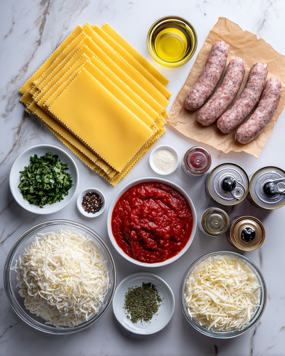 The image shows ingredients for lasagna arranged neatly on a white marbled surface. In the center-left, there are seven uncooked yellow lasagna sheets laid flat and slightly overlapping. To the right of the sheets, there are five raw sausage links resting on brown paper. Around these, small white dishes hold chopped green herbs, minced garlic, a dry herb seasoning, and finely chopped onions. There are two cans of diced tomatoes and one carton of cream arranged in the upper right area. Three small spice bottles labeled black pepper, salt, and Italian seasoning are placed near the bottom center. Two clear bowls contain shredded mozzarella and grated Parmesan cheese, while a small open container of red tomato paste is close to the lower left side. A round glass jar of olive oil is at the top center. The ingredients give a clean and organized look as if ready for cooking photo taken with an iphone --ar 4:5 --v 7