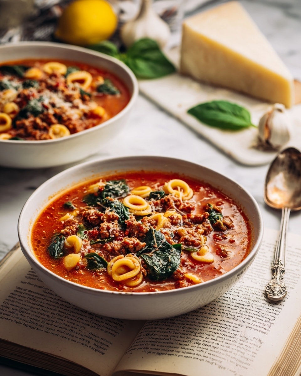 The image shows two white bowls filled with a hearty pasta soup. Each bowl has a rich orange-red broth with small bits of ground meat, bright green spinach leaves, and short twisty pasta pieces floating throughout. The soup looks thick and warm, with visible oil droplets on the surface. One bowl is in the foreground on an opened book page, and the other is slightly blurred in the background. Around the bowls on a white marbled surface are a large block of hard cheese, a lemon, a few basil leaves, a garlic bulb, and a silver spoon, adding natural colors like yellow and green to the scene. The light is soft and natural, enhancing the textures of the soup and ingredients photo taken with an iphone --ar 4:5 --v 7