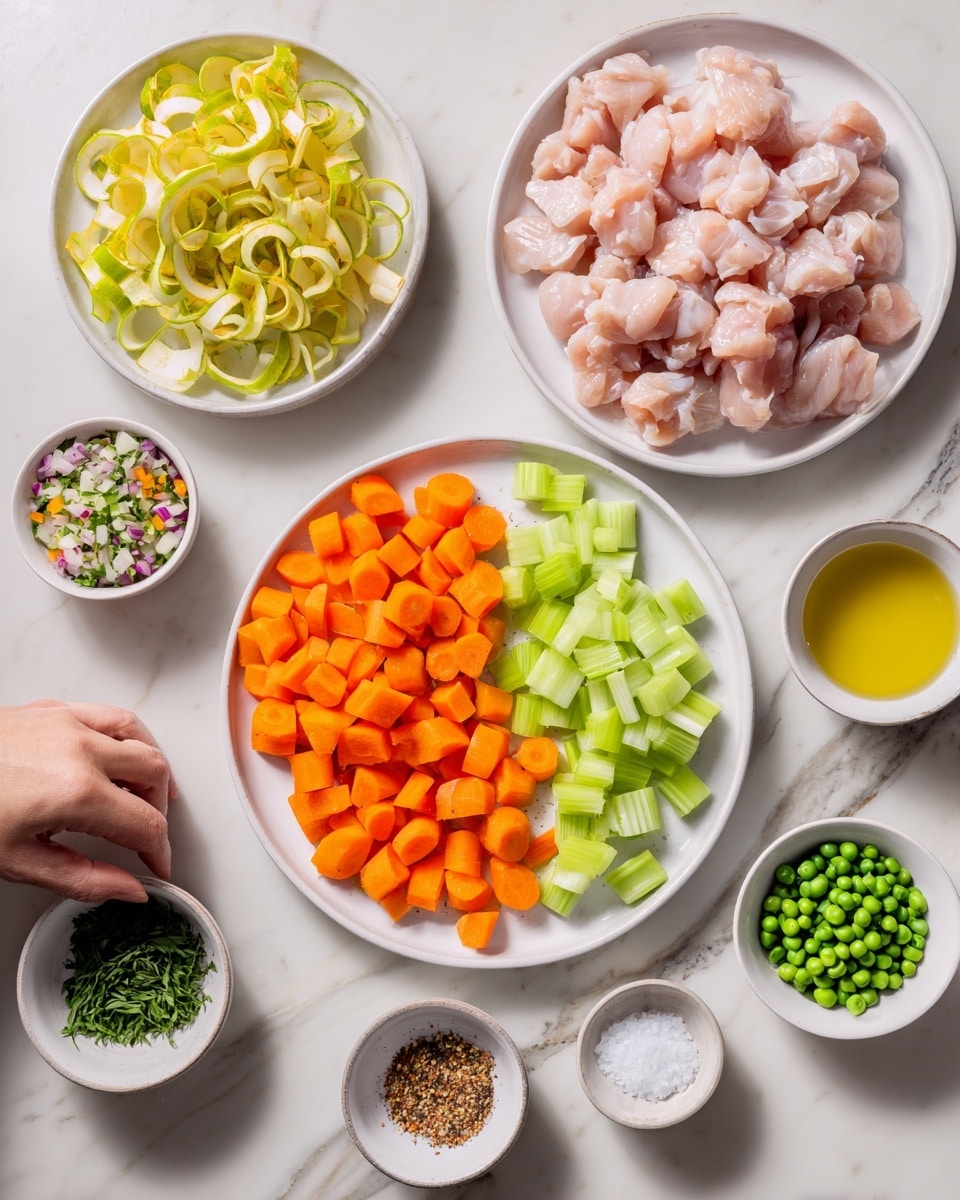 The image shows an arrangement of fresh ingredients on a white marbled surface. In the center is a round white plate divided into two halves, with bright orange carrot slices piled on one side and light green celery slices on the other. Above this plate to the right is another white plate filled with raw pink pieces of chicken. To the left is a white plate filled with pale yellow and green curly strips of what looks like zucchini or squash. Around the main plates are several small bowls: one with chopped green herbs, one with mixed finely chopped garlic and colorful spices, one with green peas, one with diced white onions, a small bowl with golden oil, and two smaller bowls filled with white salt and black pepper. A woman's hand is slightly visible, touching the chicken on the plate. photo taken with an iphone --ar 4:5 --v 7