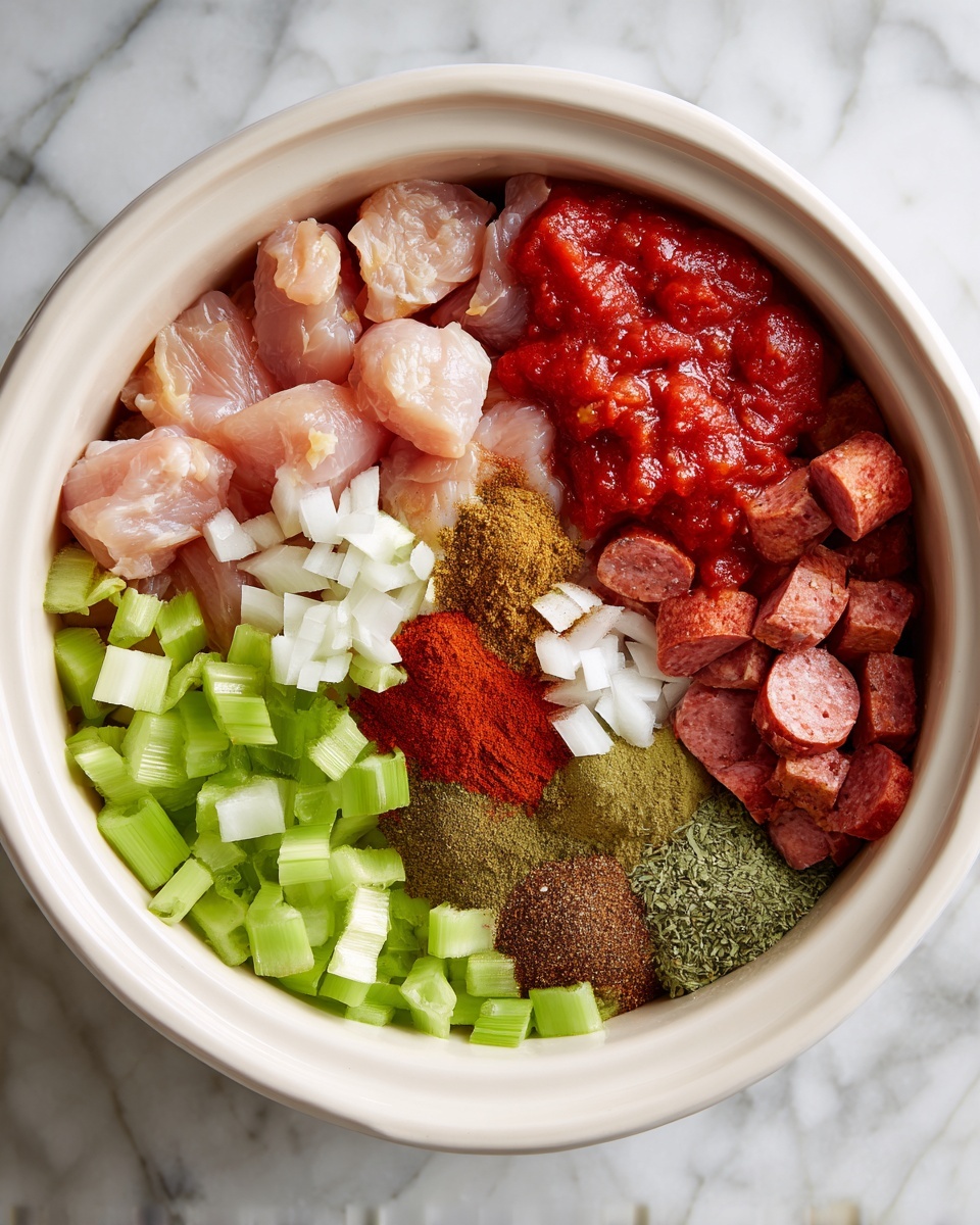 In a round white slow cooker pot, there is a colorful mix of ingredients arranged in distinct sections. Starting from the top left, there are light pink pieces of raw chicken. To the right, a block of chunky red tomato sauce fills a quarter of the pot. Below the chicken, slices of reddish sausage are stacked, partially covered with bright green celery pieces. Moving rightward, there are small cubes of white onion and next to them are diced green bell peppers. In the center, there are four piles of spices: one reddish-brown, two shades of green, and one brownish-green. The pot sits on a white marbled surface. photo taken with an iphone --ar 4:5 --v 7