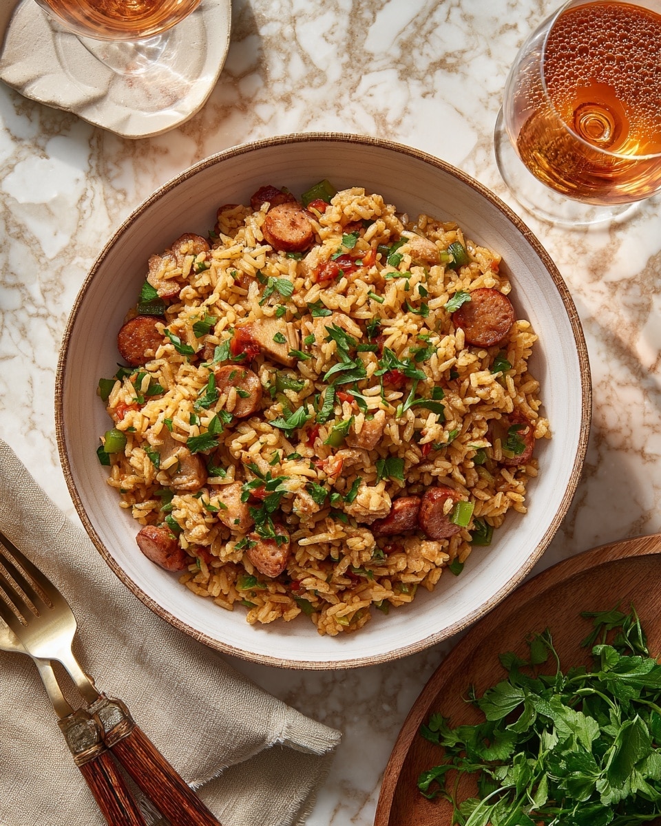A bowl filled with one main layer of cooked rice mixed with sliced browned sausage pieces, small chunks of light-colored chicken, and green bell pepper bits, all evenly spread inside the bowl. The rice is golden brown and looks slightly oily, with some fresh green herb leaves placed on top as garnish. The bowl is white with a natural brown textured rim and sits on a surface with a white marbled texture. Next to the bowl, there is a silver fork with a wooden handle resting on a beige cloth napkin, and a small wooden dish with some fresh green herbs nearby. A glass of amber-colored bubbly liquid is placed in the background. Photo taken with an iphone --ar 4:5 --v 7