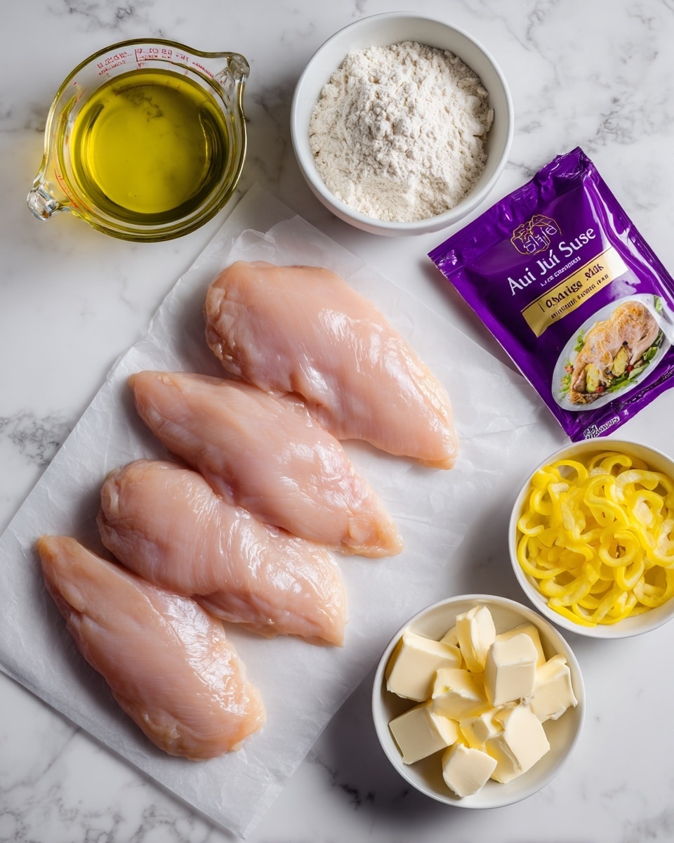 The image shows three raw chicken breasts placed on a white piece of paper in the center of a white marbled surface. Around the chicken, on the left side, there is a clear glass measuring cup filled with yellow oil, a small white bowl with white flour, and another small white bowl filled with sliced yellow peppers. On the top right side, there is a small white bowl holding several pieces of butter. Next to this bowl is a purple packet labeled