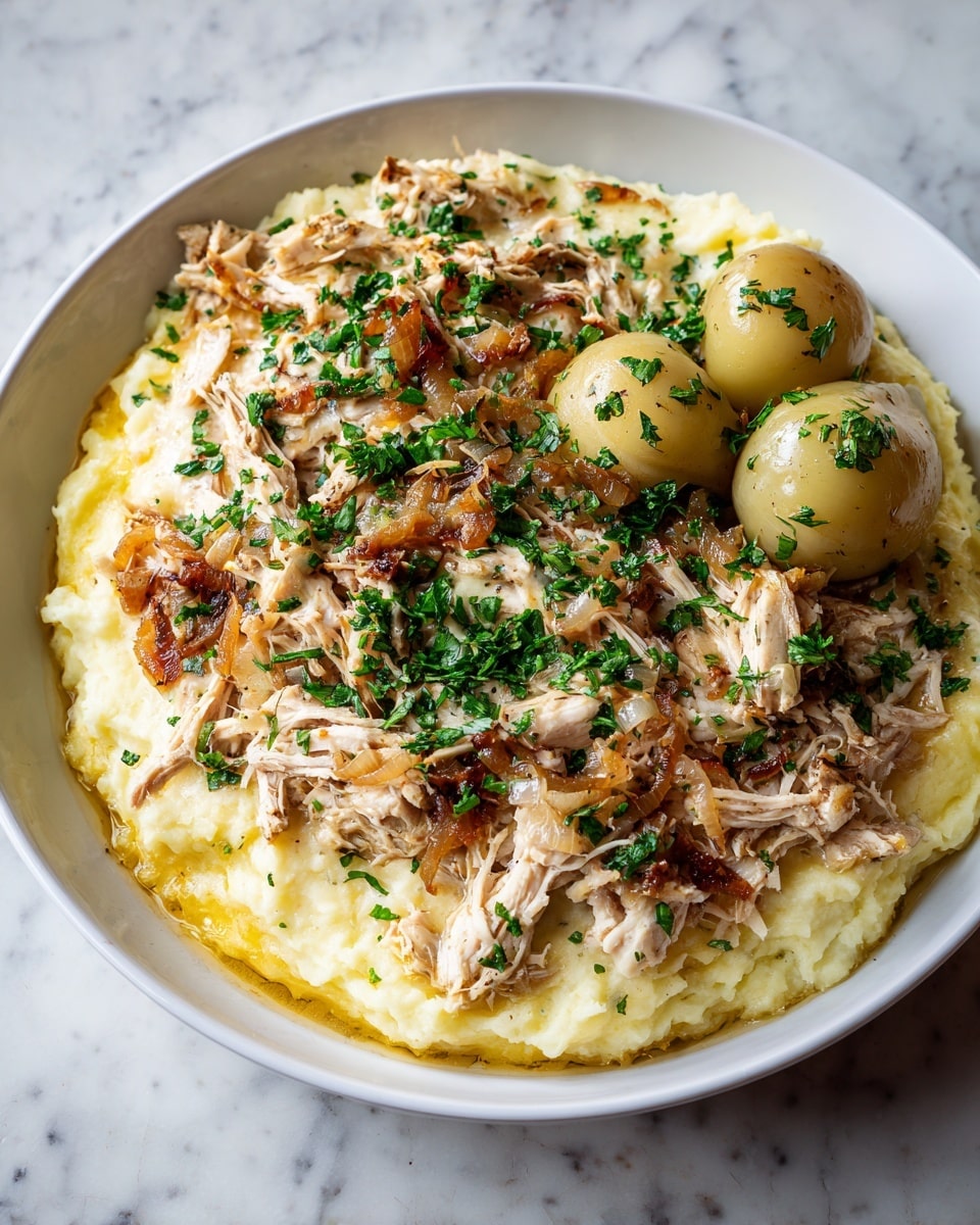 A white bowl holds a layered dish starting with a base of light yellow mashed potatoes covering the bottom and edges. On top, there is a generous layer of shredded chicken in cream and light brown tones, mixed with small pieces of caramelized onions. Fresh bright green chopped herbs are sprinkled all over the chicken. Two whole, round, pale green peppers rest on the edge of the bowl, also topped with some chopped herbs. The bowl is placed on a white marbled surface, photo taken with an iphone --ar 4:5 --v 7