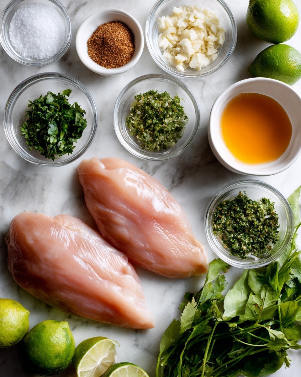 The image shows two raw chicken breasts placed side by side in the center on a white marbled surface. Around the chicken, there are small white bowls and glass bowls each holding different ingredients: one bowl has coarse salt, another has a brown spice, a third contains minced garlic, a bowl with chopped green herbs, a small bowl with orange liquid, a small bowl of white salt, a bunch of fresh leafy green herbs, and two whole limes. The ingredients are neatly arranged in a rough circle around the chicken. The lighting is bright and natural, highlighting the fresh and colorful ingredients. Photo taken with an iphone --ar 4:5 --v 7