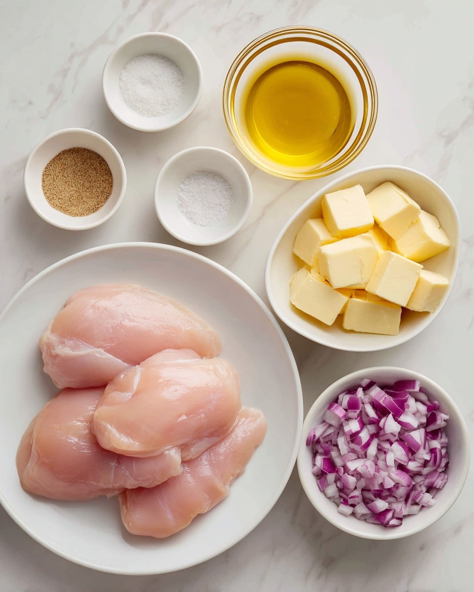 The image shows five small white bowls and one white plate arranged on a white marbled surface. The white plate at the bottom holds three raw pale pink chicken fillets. Above and around the plate, there is a large white bowl filled with bright yellow sliced pickled peppers on the left, a small white bowl with light yellow butter cubes in the middle, and a small white bowl with chopped red onions showing purple and white pieces on the right. Above these, a medium clear glass bowl holds a golden yellow liquid broth. To the top left side, a small white bowl is divided into two halves containing white salt and a light brown powdered spice. photo taken with an iphone --ar 4:5 --v 7