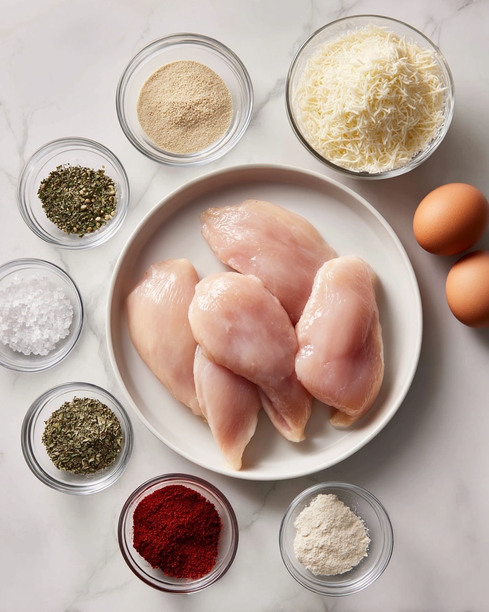A white plate at the center holds four raw chicken fillets, pale pink with smooth texture, arranged around each other. Surrounding the plate are eight small clear glass bowls: on the left side, near the bottom, two bowls contain dried green herbs and white salt; near the top left is a bowl with beige powder. At the top center is a larger bowl filled with white grated cheese. On the right side, there are two brown eggs between bowls of dried green herbs near the top and two other powders: bright red spice above and white powder below. At the bottom right is another bowl with a fine white grated cheese. All items are on a white marbled surface. photo taken with an iphone --ar 4:5 --v 7