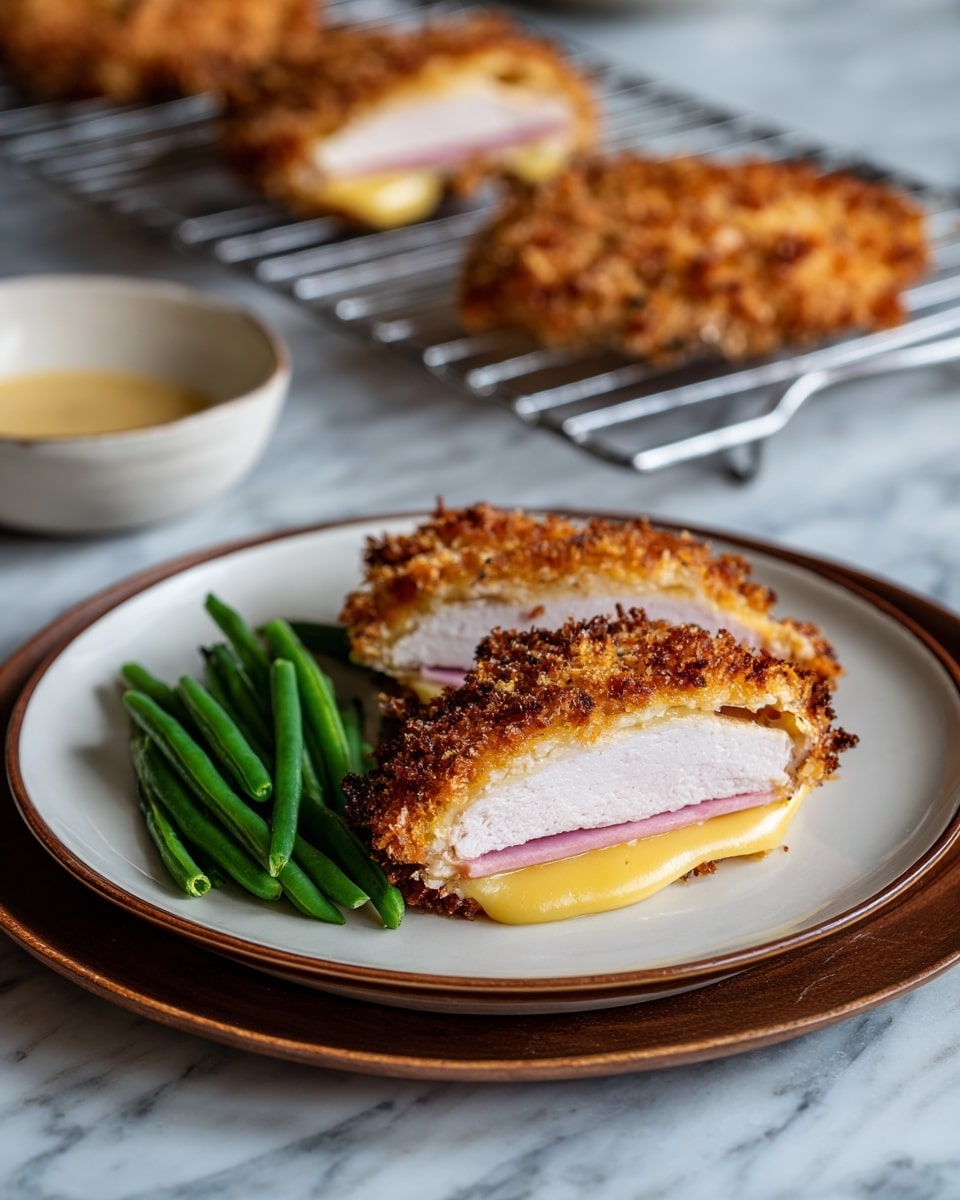 A white plate with a brown rim holds a dish made of three layers: the bottom layer is a crispy golden-brown breaded chicken cutlet, the middle layer is a pink circular slice of ham, and the top layer is a melted pale yellow cheese sheet covering the ham and chicken. To the left side of the plate, there is a small pile of vibrant green beans arranged neatly. The plate sits on a darker wooden dish placed on a white marbled surface. In the background, two more pieces of the same chicken dish are on a metal cooling rack on a white marbled surface, slightly out of focus. A bowl of pale yellow sauce is partially visible to the left. photo taken with an iphone --ar 4:5 --v 7