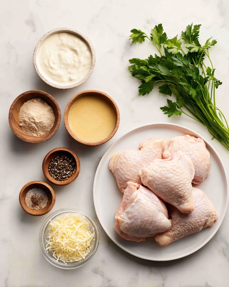 The image shows raw ingredients arranged neatly on a white marbled surface. On the right side, there is a white plate holding three raw chicken pieces, each light pink with a smooth texture. To the left, there are small bowls and dishes holding different ingredients: a bowl with creamy white sauce, a bowl with light yellow mustard, a small wooden bowl with black pepper, another wooden bowl with a brown powder, a bowl with shredded pale yellow cheese, and a clear bowl with light breadcrumbs. Fresh green parsley sprigs lie next to the bowls, adding a fresh touch. The whole scene is clean and organized, ready for cooking photo taken with an iphone --ar 4:5 --v 7