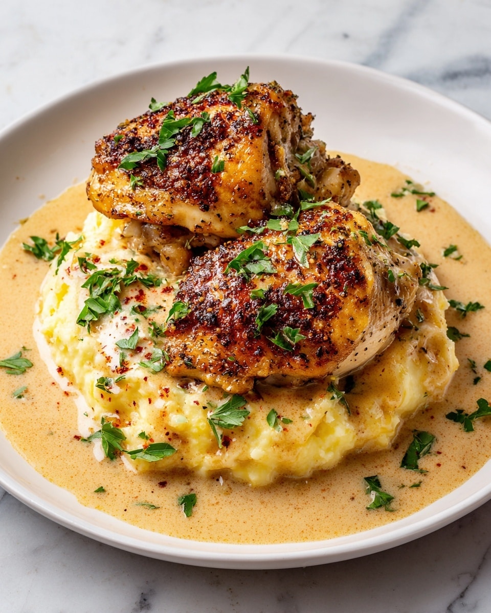 A white plate holds two pieces of golden brown cooked chicken with a slightly crispy texture on top, resting on a creamy, light-yellow mashed potato layer. The sauce around the dish is light brown with a smooth texture, pooling gently on the white marbled surface beneath the plate. Small green parsley bits are sprinkled on top of the chicken and mashed potatoes, adding a fresh touch. photo taken with an iphone --ar 4:5 --v 7