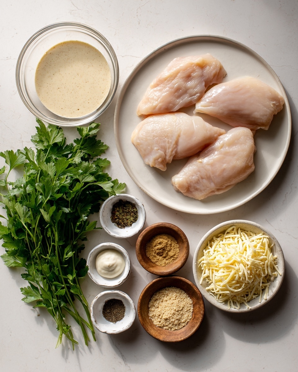 The image shows three raw, pale pink chicken pieces placed on a white plate in the upper right corner. To the left of the chicken, there is an assortment of ingredients arranged neatly on a white marbled texture surface. On the top left is a clear glass bowl filled with a creamy, pale beige sauce. Below it, fresh green parsley with detailed leaves and stems lies flat. Nearby, there are small white bowls and wooden small bowls containing various ingredients: a white creamy substance, a light brown mustard-like paste, and three different spices or seasonings in shades of black, light brown, and tan. There are also two small bowls in the middle; one filled with shredded pale yellow cheese, and the other with crunchy, pale beige crumbs. The whole setup is clean, simple, and well-organized, with natural light highlighting the textures and colors. Photo taken with an iphone --ar 4:5 --v 7