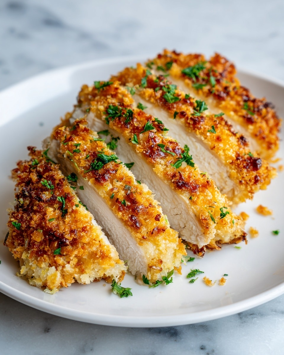 The image shows a piece of golden-brown baked chicken with a crispy, crunchy breadcrumb layer on top. The chicken is sliced in even, thick pieces revealing tender white meat inside. Small bits of green parsley are sprinkled on top for color. The dish is placed on a simple white plate set on a white marbled surface. The photo taken with an iphone --ar 4:5 --v 7