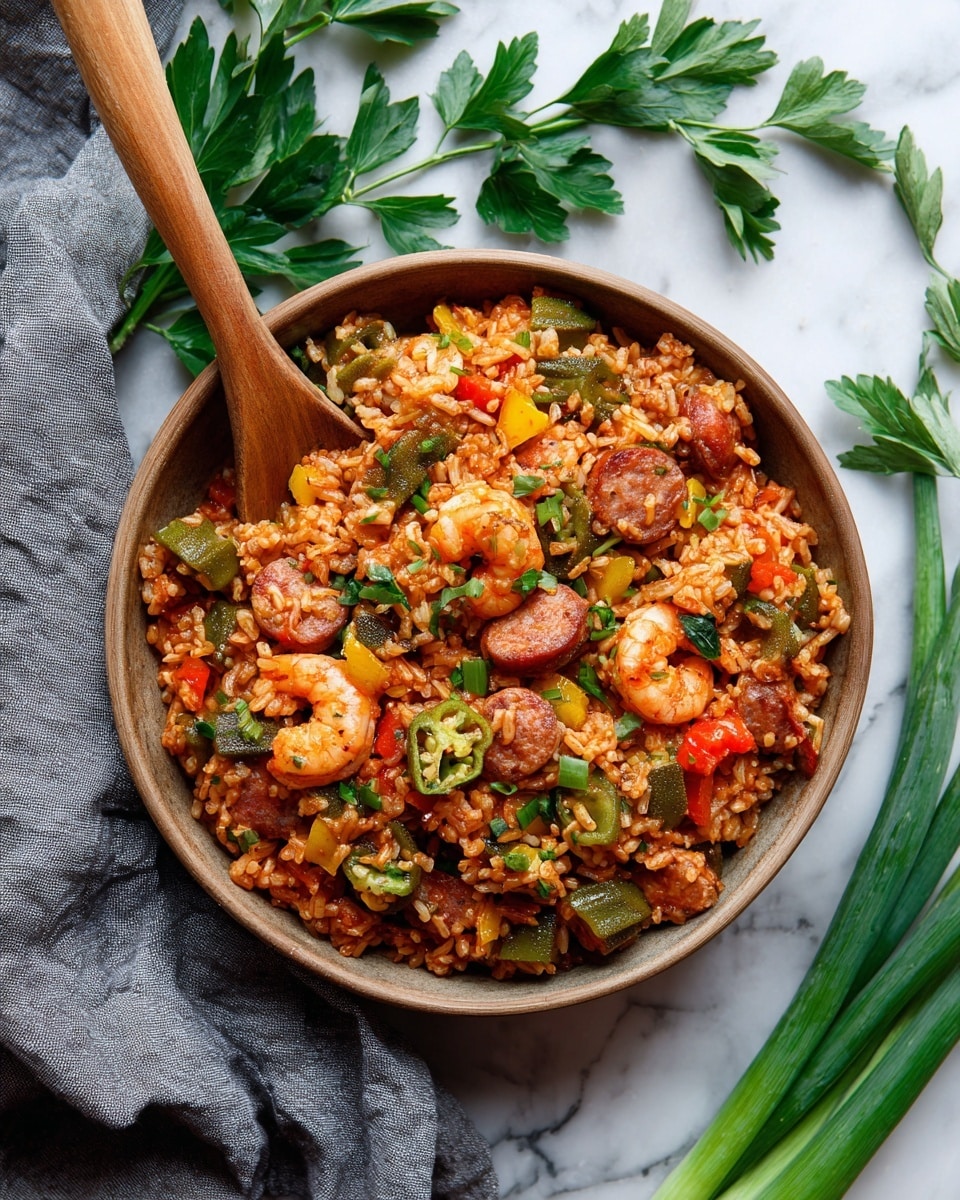 A deep round dish filled with a colorful mix of cooked rice, small shrimp, sliced sausage, and chopped red, yellow, and green bell peppers, along with pieces of okra. The rice is reddish-orange and looks moist, mixed evenly with vegetables and protein. A wooden spoon rests on the edge of the dish, partially inside the food. The dish sits on a white marbled surface with green onions and parsley in the foreground and green herbs scattered around. A gray cloth is draped near the dish. photo taken with an iphone --ar 4:5 --v 7
