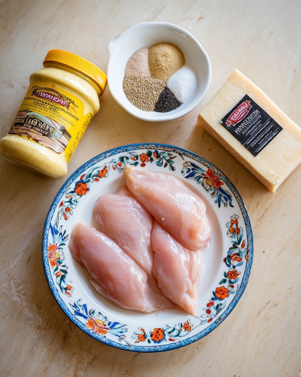 The image shows three raw chicken filets placed on a white plate with blue and orange floral patterns, positioned at the bottom center. Above the plate, there is a small white bowl containing a mix of spices, divided into roughly three sections with different colors: black, light brown, and off-white powder. To the left side of the bowl, there is a large jar of real mayonnaise with a yellow label slightly tilted to the right. On the right side of the bowl, a block of parmesan cheese with a black and red label stands vertically. The items are set on a light brown wooden surface that will be imagined as white marbled texture. photo taken with an iphone --ar 4:5 --v 7