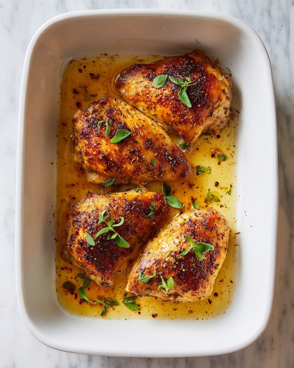 The image shows three cooked chicken pieces in a white baking dish on a white marbled surface. The chicken has a golden brown, slightly crispy texture with some darker browned spots. The pieces are topped with small green herb leaves scattered evenly across them. The bottom of the baking dish contains a light layer of sauce or juice with visible small bits of seasoning. photo taken with an iphone --ar 4:5 --v 7