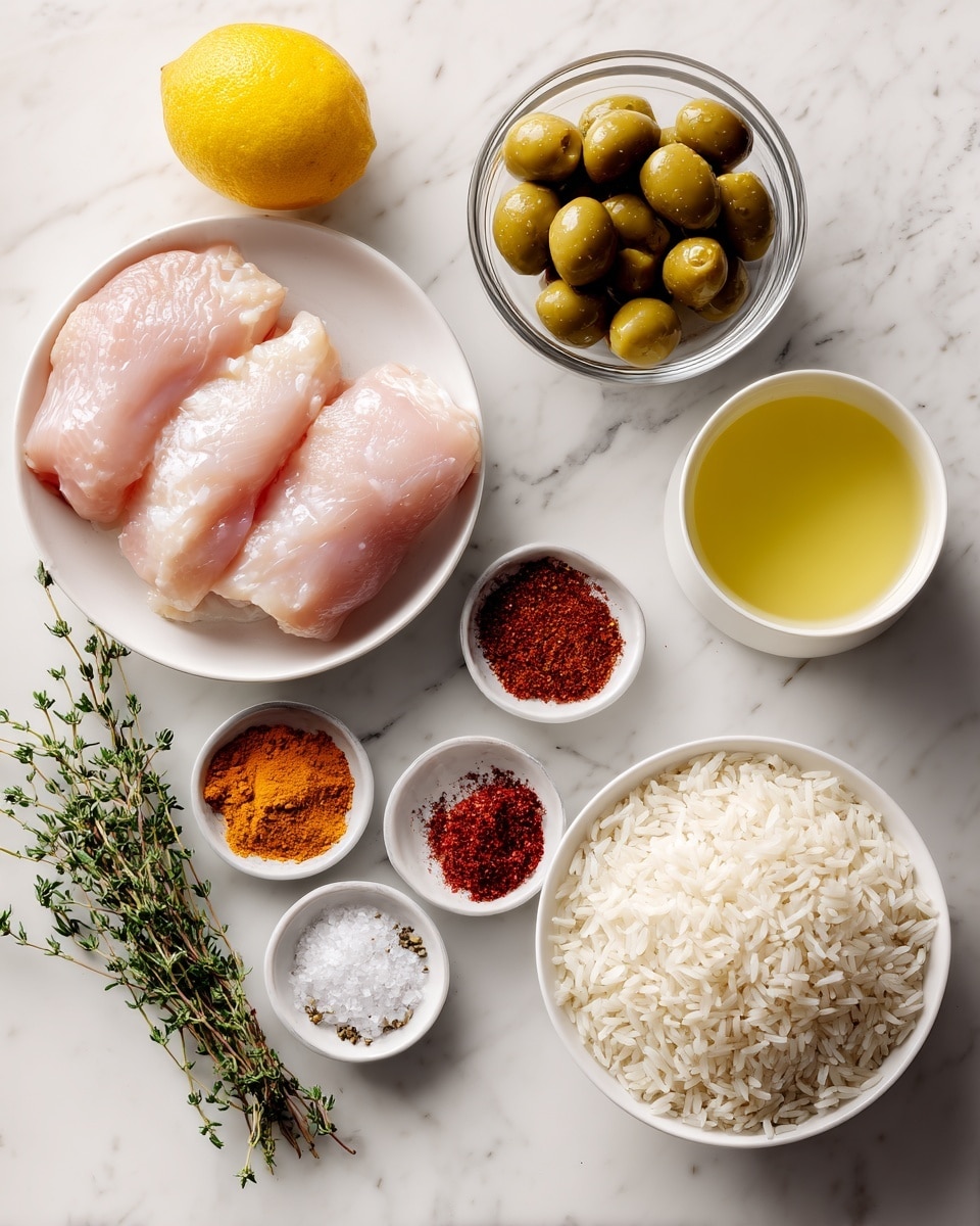 The image shows several ingredients arranged neatly on a white marbled surface. In the bottom left, there are three large raw chicken fillets placed in a white bowl. To the right, a white bowl is filled with uncooked white rice grains, and next to it is a white cup filled with a light yellow liquid, likely broth. Above these, there is a clear bowl full of green olives. Around these bowls are six small white dishes with different spices: two of them have orange, brown, and white powders, one dish has a bright red powder, another contains coarse salt, and there is a small bowl with golden oil. On the left side, there is a fresh yellow lemon and a small bunch of green thyme branches. The items are all displayed clearly and evenly spaced. Photo taken with an iphone --ar 4:5 --v 7