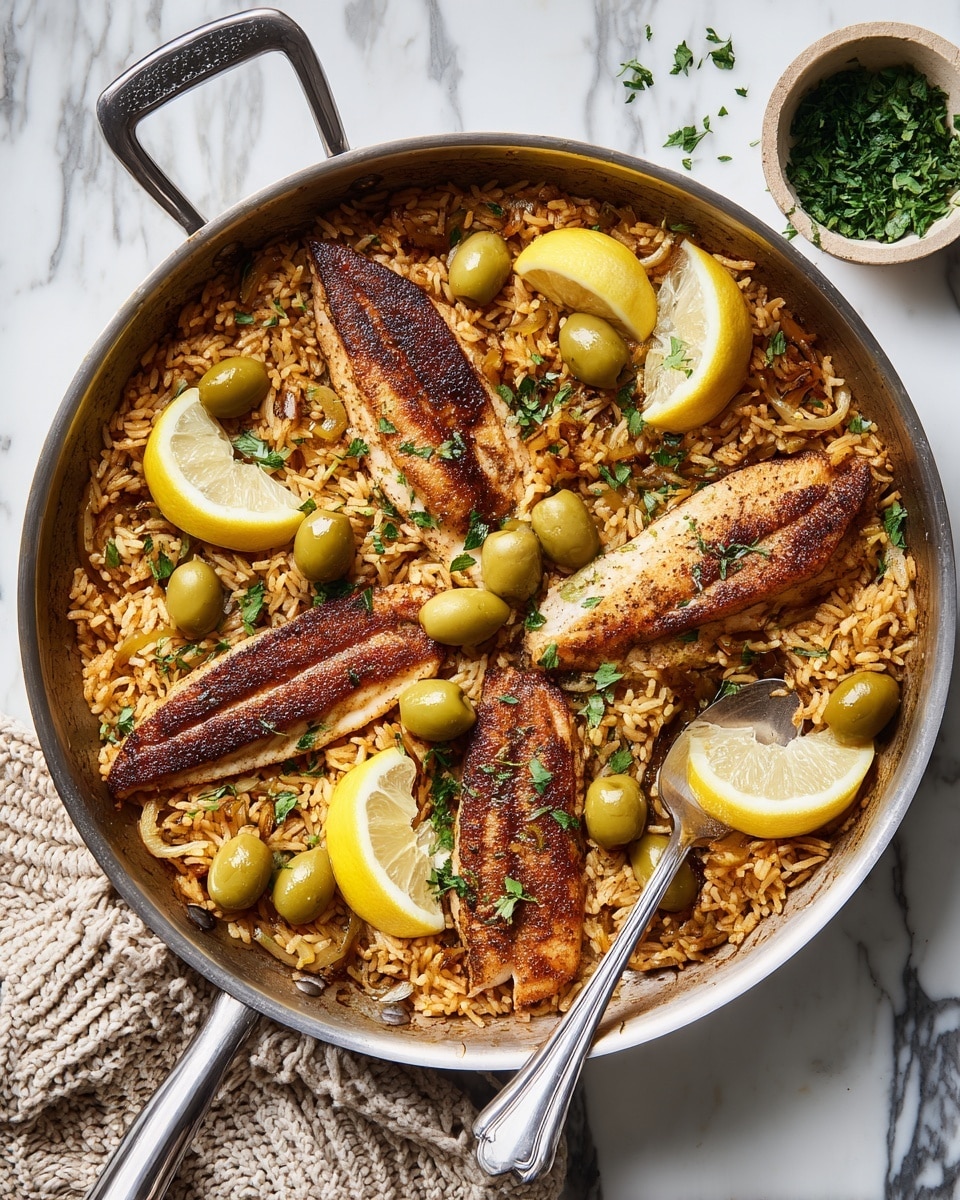 A large silver pan holds a dish with three main layers. The bottom layer is golden brown seasoned rice, soft with some visible grains. On top, there are five dark brown toasted fillets evenly placed, showing a crispy texture. Scattered around the fillets are whole green olives and six fresh yellow lemon wedges, some resting on the rice and others on the fillets. Small green herbs are sprinkled over everything, adding a fresh touch. A silver spoon rests inside the pan, partly sunk into the rice. The pan sits on a white marbled surface with a knitted beige cloth next to its handle. photo taken with an iphone --ar 4:5 --v 7