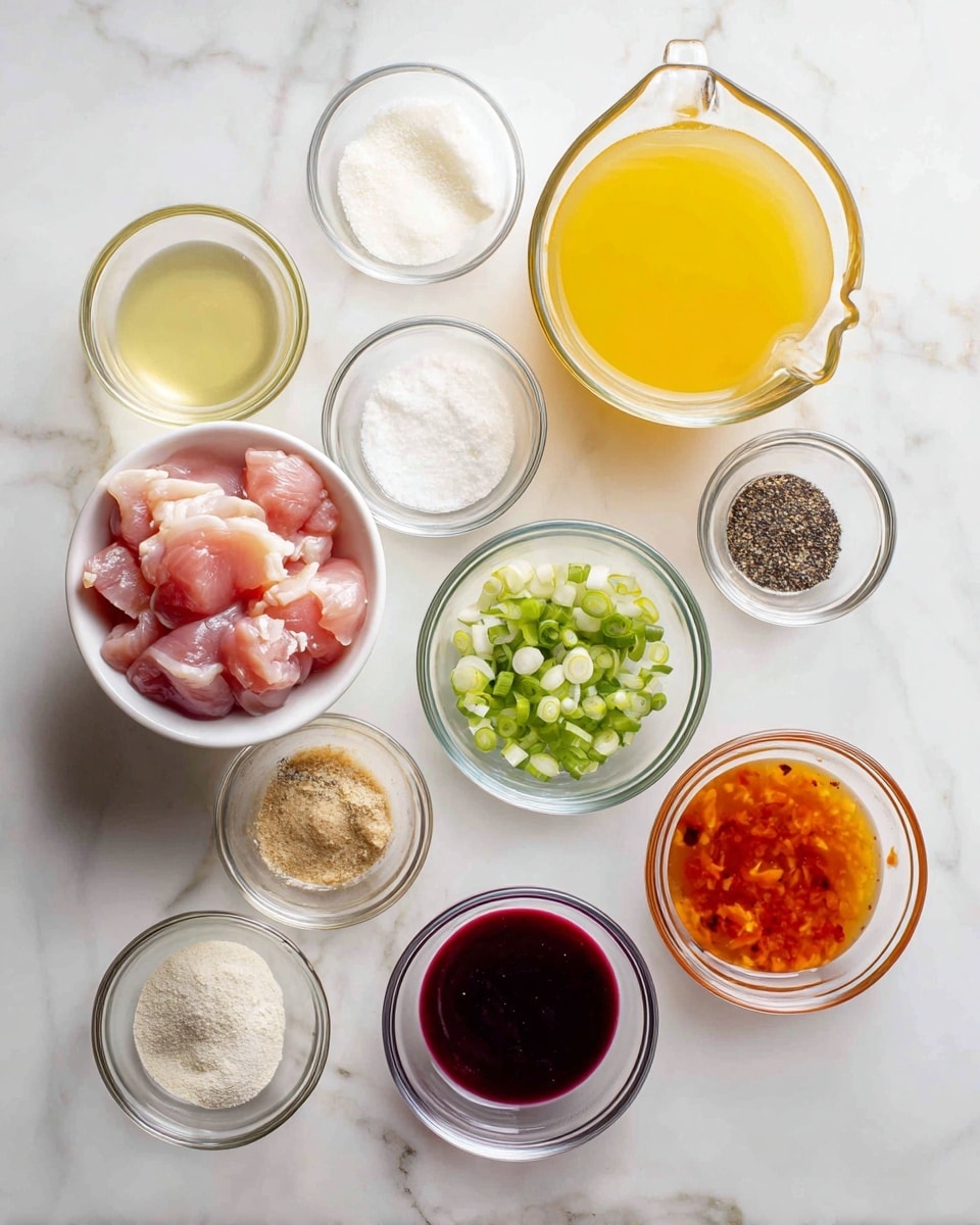 The image shows ten clear glass containers with different ingredients placed neatly on a white marbled surface. In the bottom left, a white bowl holds pieces of raw meat in a soft pink color. Above it, a glass jug contains a yellow liquid. To the right of the meat bowl, a smaller glass jug holds a light white liquid. Near the center top is a small glass bowl with white powder, and next to it on the right is another small bowl with black pepper. Below those bowls, there is a small bowl with a light brown powder and another with a salt-like white substance. To the far right side in the center, there is a small bowl with chopped green onions. Above the salt bowl, a glass bowl shows a light brown creamy sauce. Above the pepper bowl is a glass bowl with a deep red liquid, and between the creamy sauce and green onions is a bowl with orange-red sauce with darker bits. The items are arranged in a loose grid pattern, all seen from above. Photo taken with an iphone --ar 4:5 --v 7