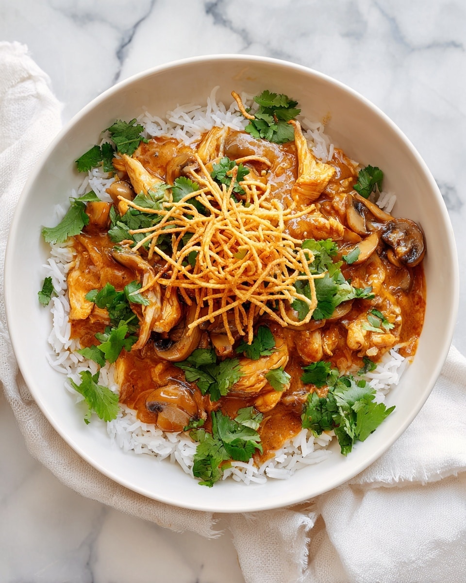 A white bowl sits on a white marbled surface with a white cloth beside it. Inside the bowl, the base layer is white rice with separated grains. On top of the rice, there is a thick, orange-brown sauce with visible pieces of cooked chicken chunks and slices of mushroom mixed in. The sauce looks smooth with some texture from the ingredients. On the very top, there is a small pile of thin, light golden fried potato sticks crossed in a loose heap. Around and under the potato sticks, fresh green cilantro leaves are scattered, adding a bright green color to the dish. Photo taken with an iphone --ar 4:5 --v 7