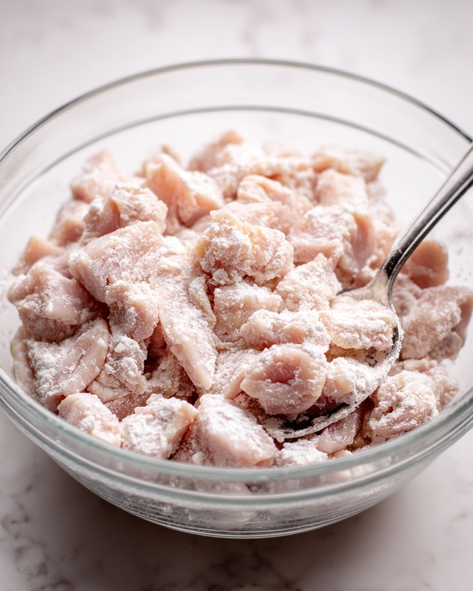 The image shows a clear glass measuring bowl filled with many small, uneven chunks of raw chicken coated in a thin, powdery layer of white flour. The chicken pieces are light pink with a dusting of white, making the texture look slightly rough and dry. A silver spoon rests inside the bowl, partially visible on the right side. The bowl sits on a white marbled surface, with soft lighting highlighting the textures and shapes of the chicken pieces. photo taken with an iphone --ar 4:5 --v 7