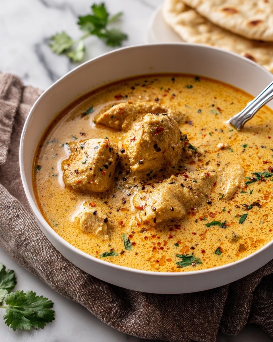A round white bowl filled with creamy, light brown curry with visible specks of black pepper on top, containing about three and a half pieces of chicken partially covered by the sauce. The curry has a smooth texture with small bits of herbs or spices, and the bowl is placed on a piece of brown textured cloth on a white marbled surface. A few fresh green cilantro leaves are scattered around the bowl, and a piece of flatbread is resting partly in the background near the bowl. Photo taken with an iphone --ar 4:5 --v 7