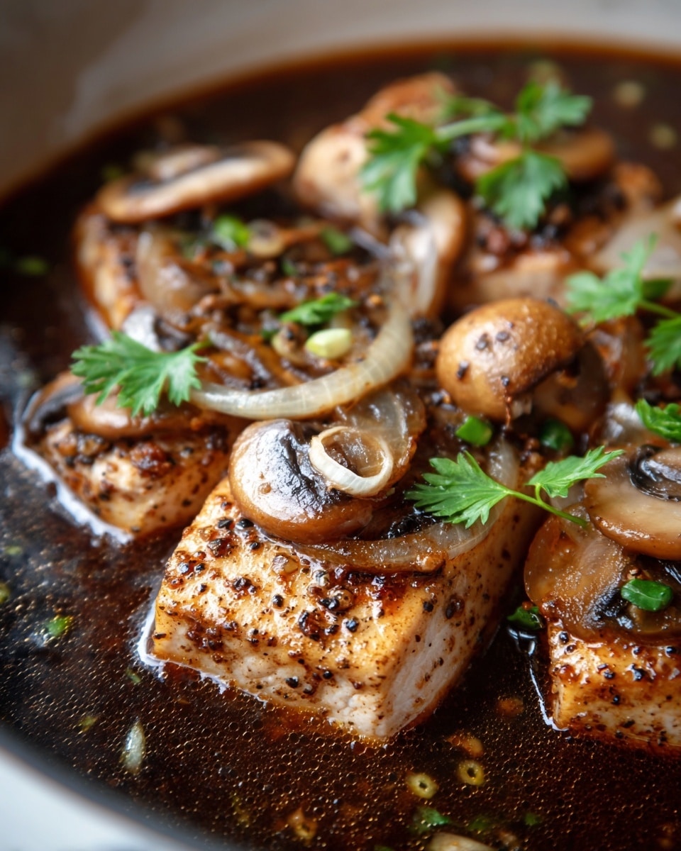 This image shows a close-up of several cooked meat slices, pale brown with some specks of black pepper and herbs, sitting in a dark brown, thick sauce. On top of and around the meat are sliced mushrooms that are tan with dark brown undersides. Thin, translucent onion slices are also visible, mixed with small green herb pieces scattered across the dish. Some sprigs of fresh green parsley add a touch of bright color. The whole dish is presented in a pot or deep container against a white marbled surface. photo taken with an iphone --ar 4:5 --v 7