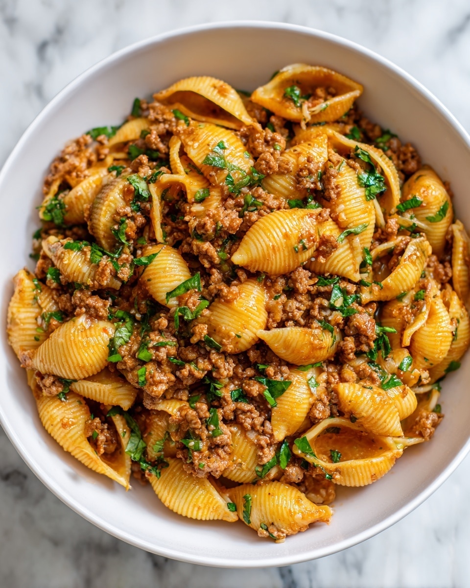 The image shows a close-up of a white bowl filled with shell-shaped pasta mixed with ground meat and small green herb pieces. The pasta is light orange, coated with a rich sauce, and mixed evenly with the browned ground meat that has a slightly crumbly texture. The green herbs are scattered throughout, adding a fresh contrast to the warm colors. The dish sits on a white marbled surface. photo taken with an iphone --ar 4:5 --v 7