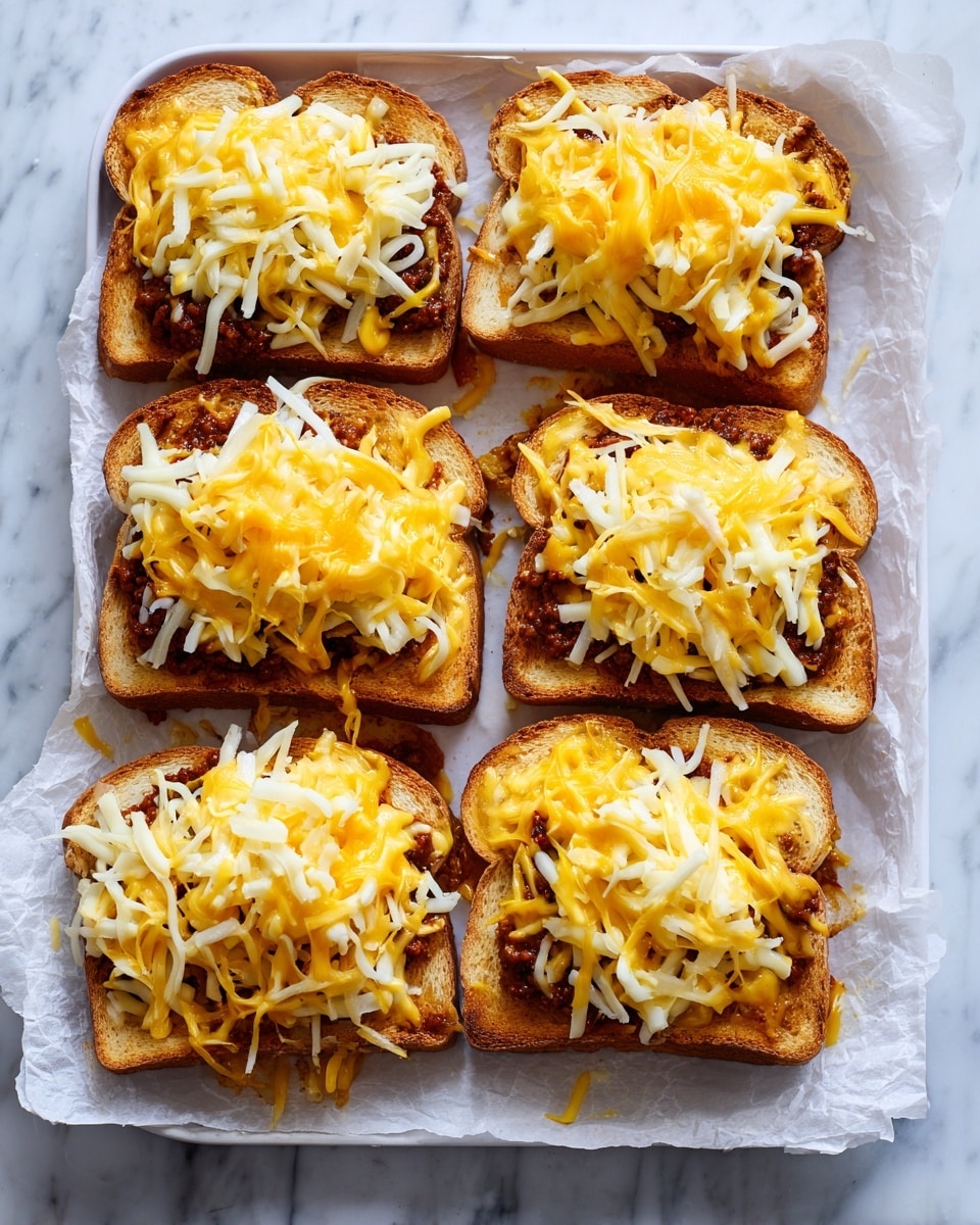 The image shows a tray of eight toasted sandwich halves, each topped with a thick layer of melted yellow and white shredded cheese that slightly spills over the edges. The sandwiches have a golden-brown toasted bread base with a visible layer of a brown meat mixture beneath the cheese. The tray is lined with white parchment paper, and the background is a smooth white marbled surface. photo taken with an iphone --ar 4:5 --v 7