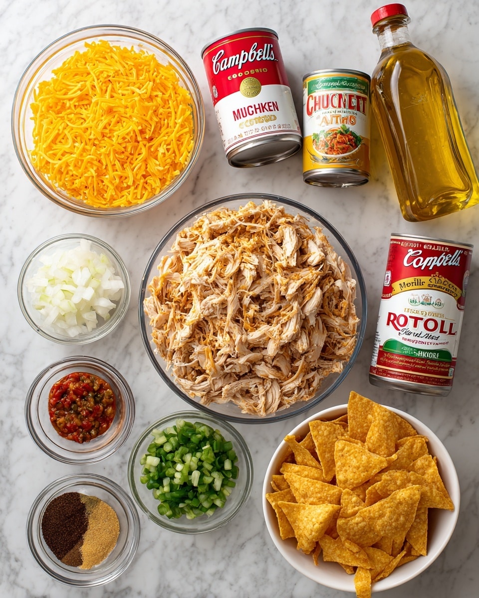 The image shows a white marbled surface with several clear glass bowls and cans arranged neatly. At the top center is a large bowl filled with shredded cooked chicken, light brown with hints of seasoning. To the left is a large bowl of shredded bright yellow cheddar cheese. Below that is a small bowl with mixed spices in three sections, including brown, black, and reddish powders. To the right of the spices is a can of Rotel diced tomatoes with green chilies, tilted slightly to the side. Above the can are two cans of Campbell's cream soups, one labeled