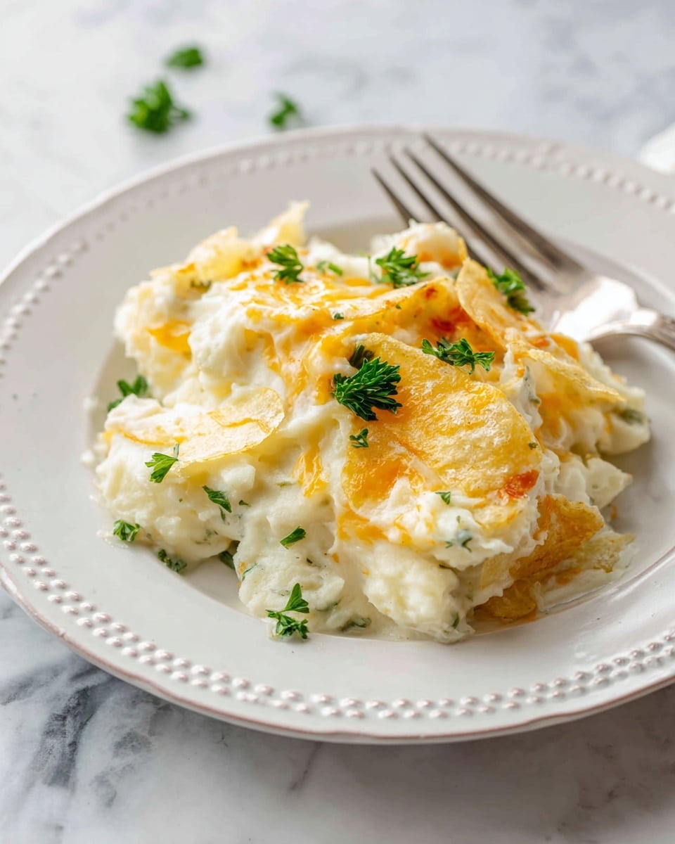 The dish shows one layer of creamy white mashed potatoes mixed with small chunks and creamy sauce, topped with golden yellow melted cheddar cheese and light brown crispy potato chips. Small green parsley pieces are scattered on top, adding color contrast. The food sits on a white plate with a dotted edge, placed on a white marbled surface. A silver fork is partly visible on the side. Photo taken with an iphone --ar 4:5 --v 7