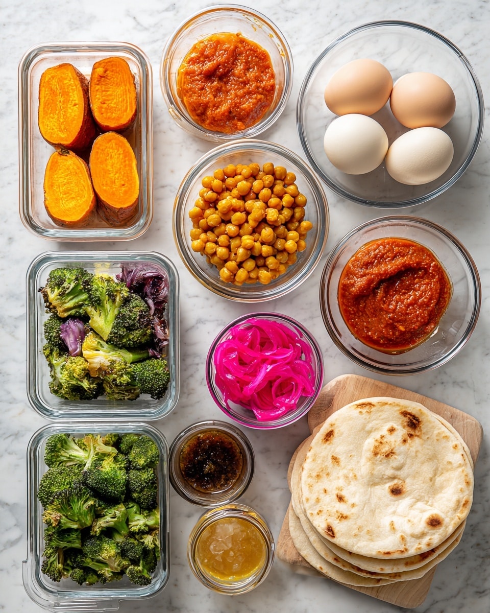 The image shows a top view of nine containers with different foods and a stack of round flatbreads in the center on a white marbled surface. At the top left, there are two whole baked sweet potatoes in a clear rectangular container with the orange inside visible. To the right, there is a clear round bowl with five whole hard-boiled eggs. Below the sweet potatoes, a round clear bowl holds a chunky mix with green, purple, and beige pieces. Next to it, another clear round bowl contains golden brown roasted chickpeas. To the right, a small round bowl has a thick red sauce or salsa. Below this is a stack of pale round flatbreads with smooth texture. To the right of the flatbreads, two small round jars hold dark brown sauce with bits and a light beige creamy sauce. At the bottom left, a clear rectangular container has roasted green broccoli with some brown spots from roasting. To the right, a clear rectangular container shows a bright orange smooth mash. A jar with bright pink pickled onions is on the left side next to the flatbreads. photo taken with an iphone --ar 4:5 --v 7
