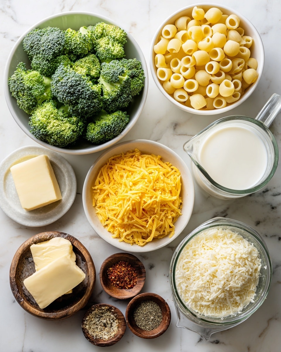 The image shows several bowls and small wooden dishes arranged on a white marbled surface. There is a white bowl filled with fresh green broccoli florets in the center-left. To the right, there is a white bowl full of small yellow pasta shells and another white bowl filled with shredded yellow cheddar cheese. Below the broccoli is a small white bowl of flour, next to it a white bowl with two slices of butter on top of melted butter. Above the pasta shells is a clear glass measuring cup with milk. Around these bowls are smaller dark wooden dishes holding ground black pepper, crushed red pepper flakes, mustard powder, garlic powder, and salt. There is also a small glass jar filled with grated white cheese. The setup is clean and brightly lit. Photo taken with an iphone --ar 4:5 --v 7