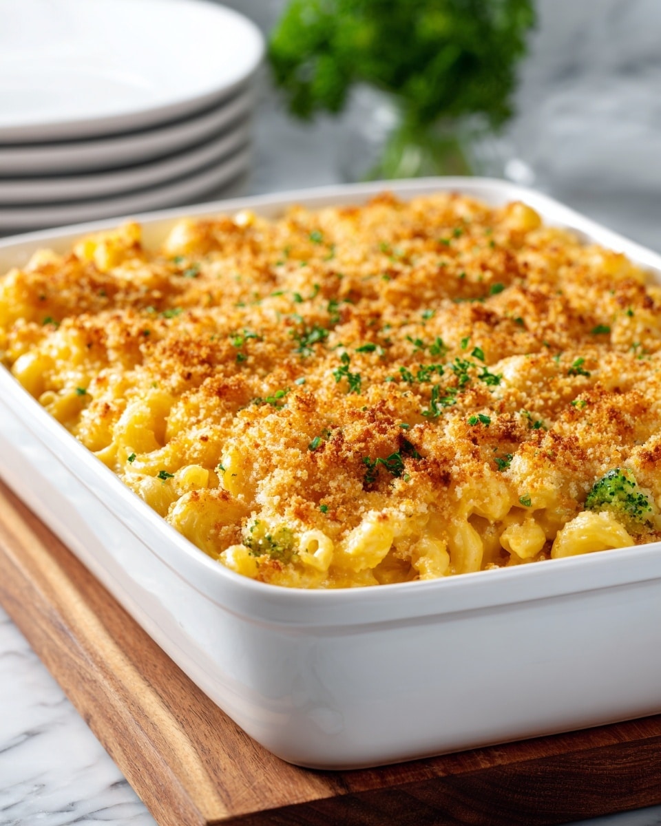 A white rectangular baking dish filled with a layered macaroni and cheese casserole topped with a golden brown, crispy breadcrumb crust. The crust is uneven with light and dark golden spots and is sprinkled with some green bits, possibly chopped herbs or small broccoli pieces. The casserole is dense, and you can see small macaroni noodles peeking through the topping. The dish is placed on a wooden board with a stack of white bowls in the blurry white marbled background. photo taken with an iphone --ar 4:5 --v 7