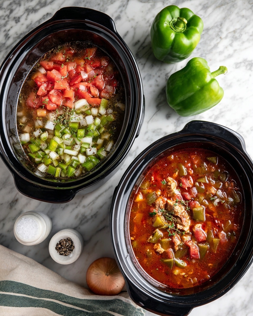 The image shows two black slow cooker pots on a white marbled surface with a green bell pepper, an onion, a striped cloth, and small white salt and pepper containers around them. The left pot has layers of diced red tomatoes, chopped green peppers, light brown seasonings, and clear broth with specks of black pepper and herbs floating on top. The right pot shows the same ingredients cooked into a thick soup or stew with chunks of tomatoes, green peppers, and bits of meat spread evenly in a red, rich broth. Photo taken with an iphone --ar 4:5 --v 7