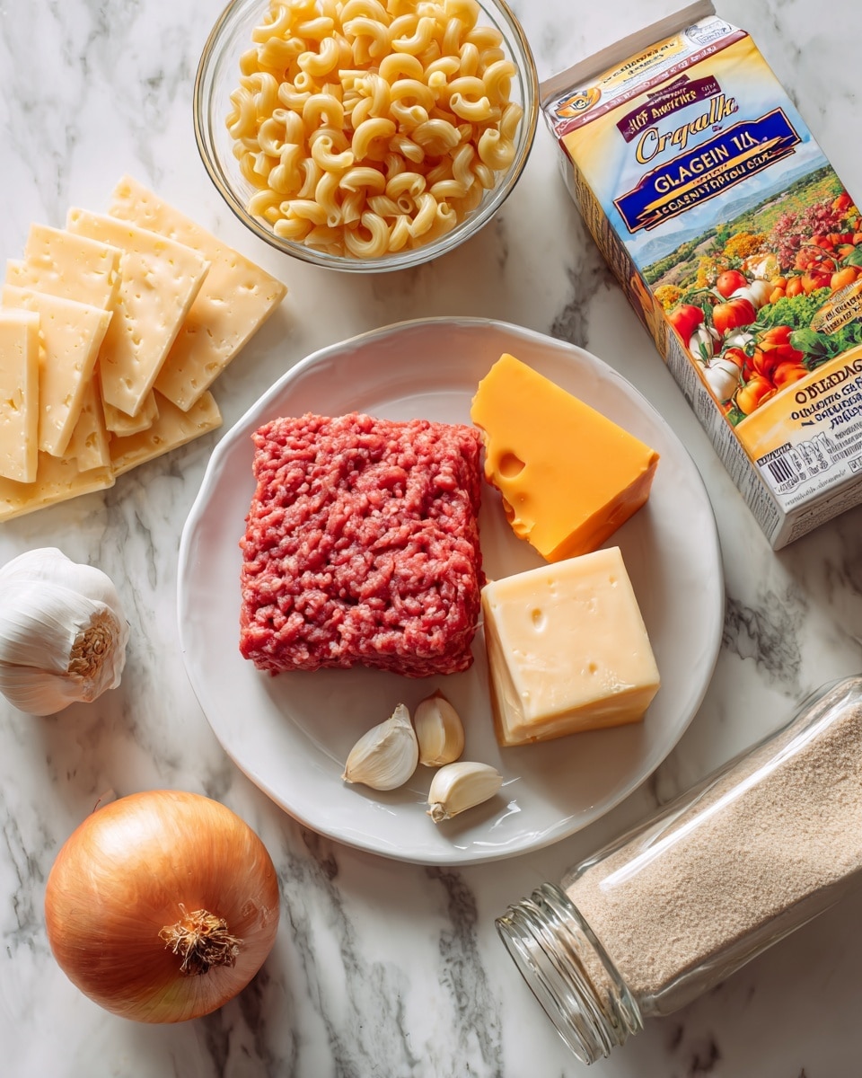 A white plate on a white marbled surface holds a layer of raw ground beef with a red color and textured surface at the center; on top of the beef are two blocks of cheese—one orange labeled