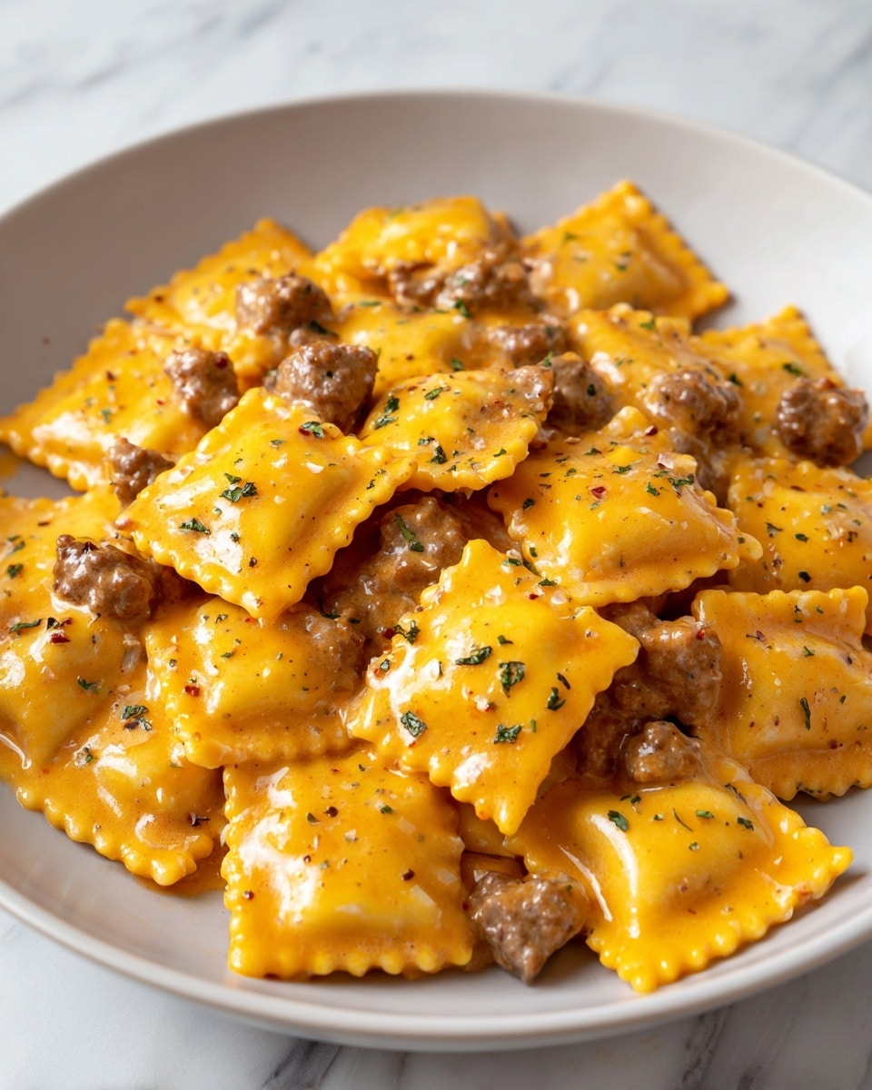 The image shows a close-up of a dish with square pasta pieces layered evenly, covered in smooth, bright orange cheese sauce that looks creamy and shiny. Small brown meat chunks are mixed evenly throughout the pasta, and the surface has tiny dark herb specks sprinkled on top. The texture of the pasta is soft with slight ridges on the edges, and the sauce coats each piece well, creating a rich and creamy look. The dish is shown on a white marbled surface. photo taken with an iphone --ar 4:5 --v 7