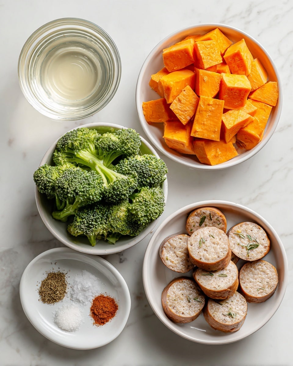 There are five white bowls placed on a white marbled surface. The top right bowl is filled with bright orange cubed sweet potatoes, the bottom right bowl holds several round slices of light brown sausage with herbs. The bottom left bowl contains fresh green broccoli florets with some light green stems. The top left bowl has a small amount of clear liquid, and the bottom center bowl has three spices: a white powder, a brown powder, and a reddish powder, all arranged in separate small sections. The overall image is bright and clear, showing fresh ingredients arranged neatly. photo taken with an iphone --ar 4:5 --v 7