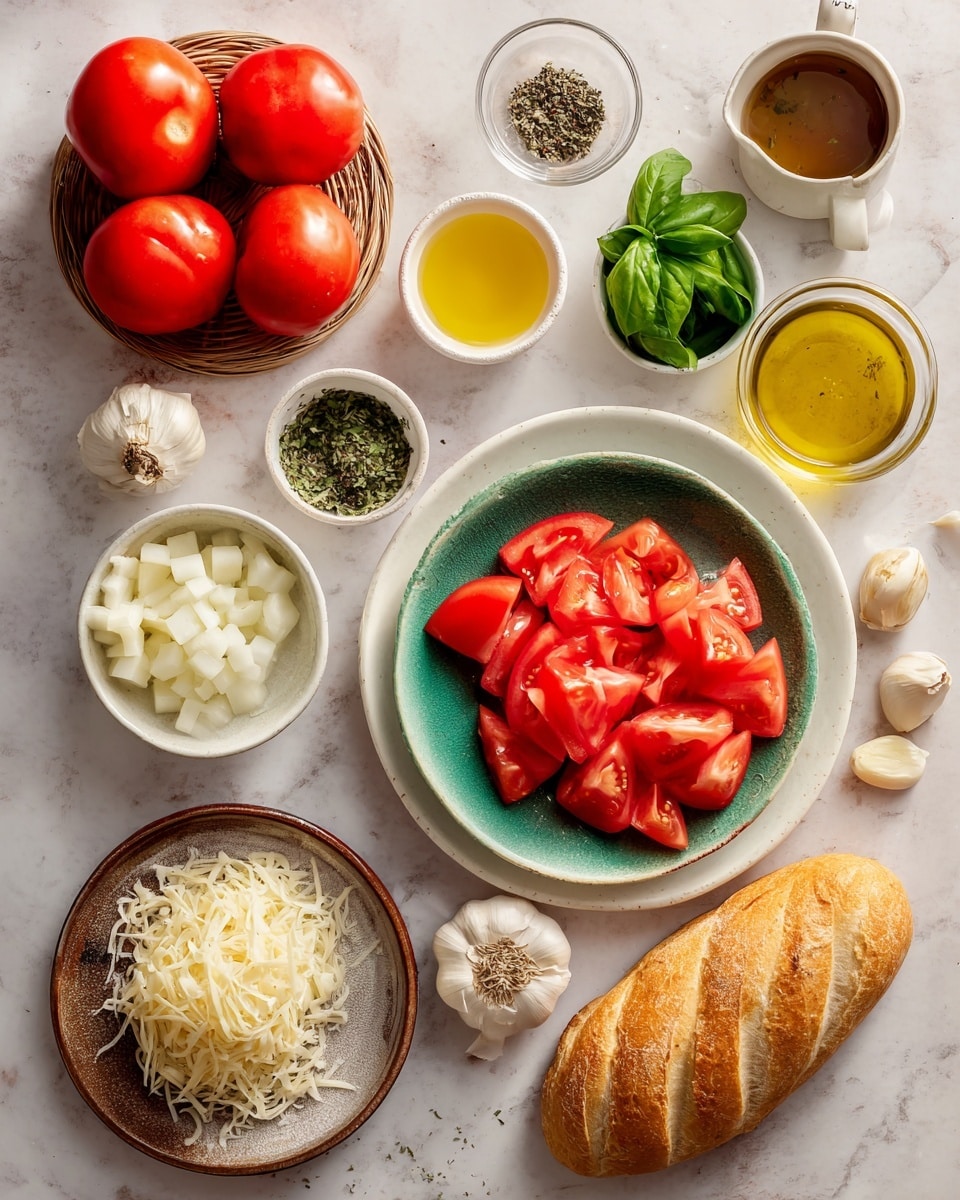 A flat lay of fresh cooking ingredients arranged on a white marbled surface includes a large white plate with a smaller green plate on top, filled with bright red tomato wedges, placed on the right side. Below it is a golden brown small loaf of bread with diagonal slashes. To the left, a white bowl holds small white onion cubes, next to a small white dish of smooth yellow butter. Nearby is a round brown plate with shredded pale cheese. Above are whole tomatoes in a woven basket, fresh green basil sprigs, peeled garlic cloves on a small round dish, and clear glass containers with light yellow and dark brown liquids, plus a measuring cup filled with bright yellow broth. A small white bowl in the middle contains white salt, black pepper, and a green herb mix. photo taken with an iphone --ar 4:5 --v 7