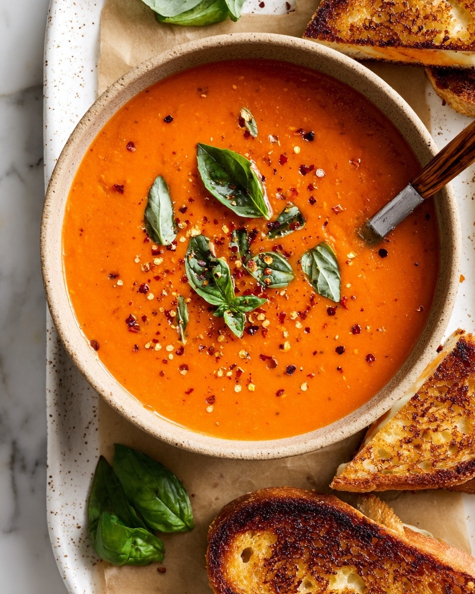 A beige bowl filled with bright orange tomato soup topped with fresh green basil leaves and a sprinkle of red pepper flakes. The soup has a smooth texture with small visible specks of seasoning. Next to the bowl, on a white speckled tray lined with brown parchment paper, are four golden brown grilled cheese sandwich pieces, showing crispy browned edges and melted white cheese inside. A spoon with a wooden handle rests inside the bowl. Fresh green basil leaves are placed below on a white marbled surface. Photo taken with an iphone --ar 4:5 --v 7