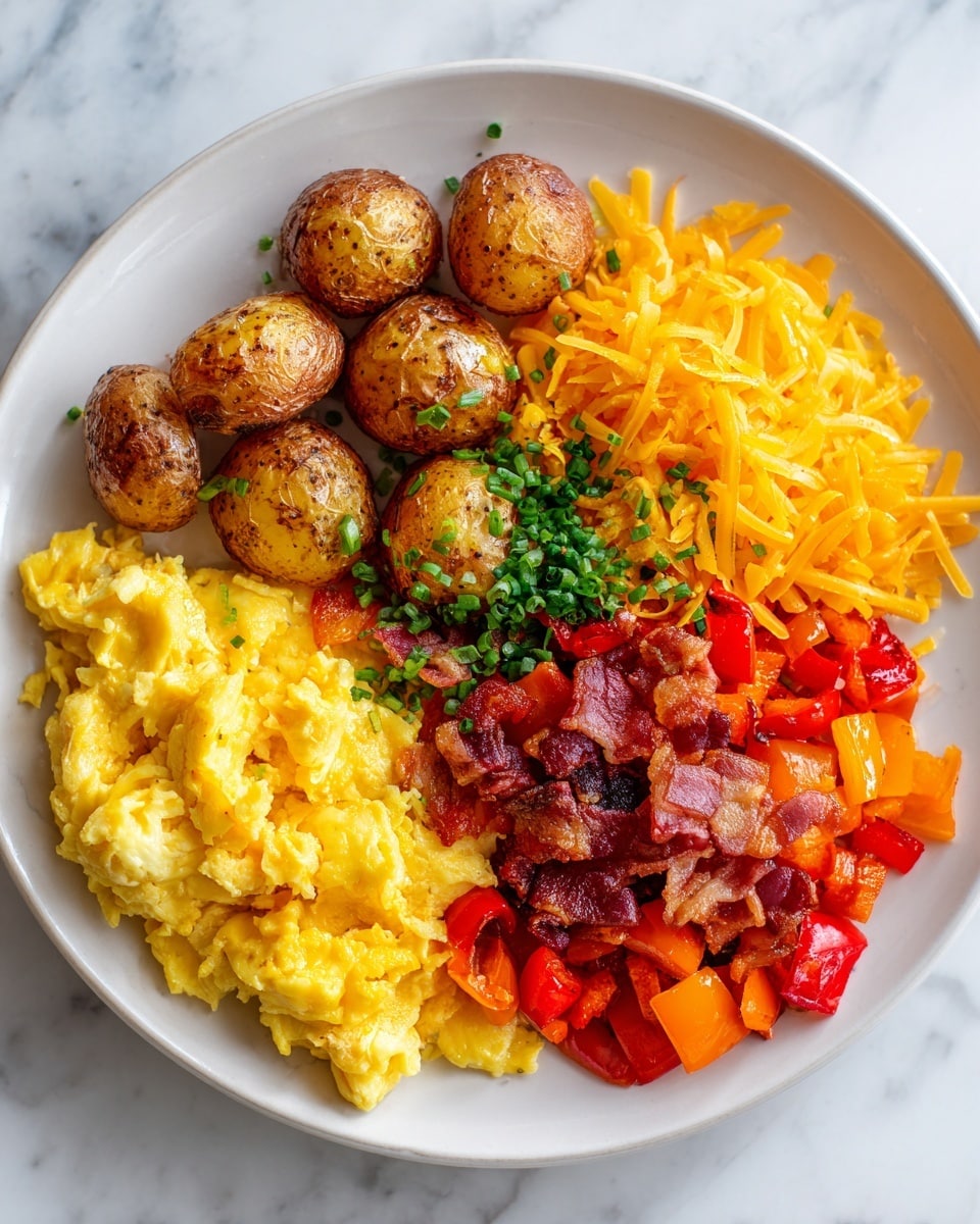 A white plate on a white marbled surface holds a colorful breakfast meal with four sections. In the front left, there is a fluffy layer of yellow scrambled eggs with a soft texture. In the front right, there is a bright red and orange mix of cooked bell peppers and crispy bacon, finely chopped. On the back left, there are small roasted potatoes with a golden brown and crispy skin. On the back right, a mound of thin, bright yellow shredded cheese fills the space. A sprinkle of chopped green herbs is placed on top of the eggs for a fresh touch. The photo taken with an iphone --ar 4:5 --v 7