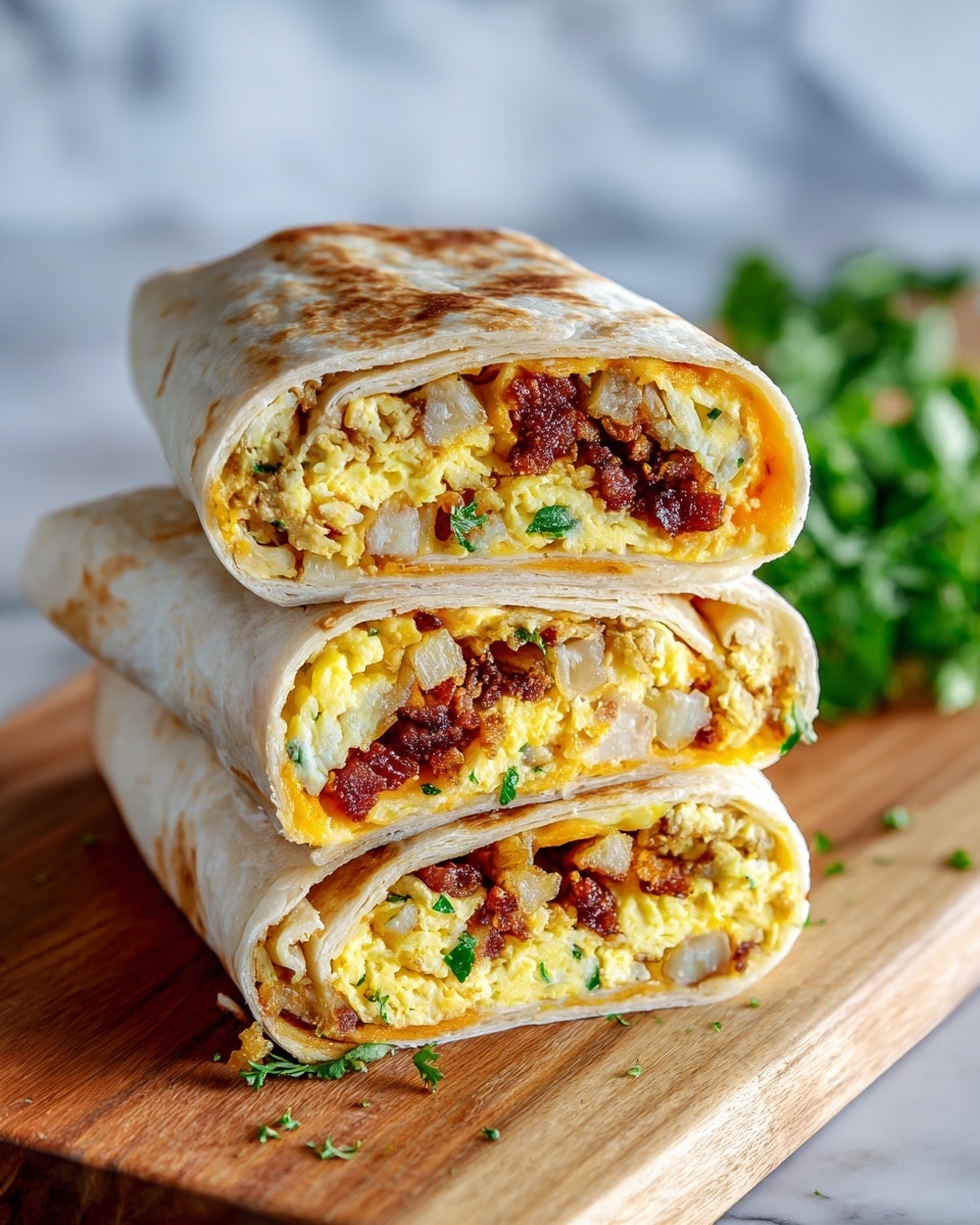 The image shows a folded tortilla wrap cut in half and stacked on a light wooden board, placed on a white marbled surface. The wrap has a light golden, toasted outer layer with slight browning. Inside, there are three visible layers: a top layer of white soft tortilla, a middle layer consisting of scrambled yellow eggs mixed with small pieces of browned bacon, and a bottom layer of diced, soft-looking hash brown potatoes with melted orange cheddar cheese peeking through. In the background, some fresh green herbs are slightly blurred. Photo taken with an iphone --ar 4:5 --v 7