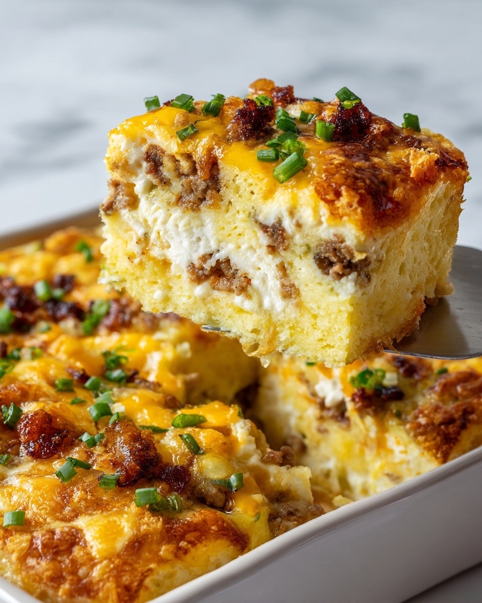 The image shows a thick piece of casserole being lifted from a tray, revealing multiple layers inside. The bottom layer is soft and light yellow with a slightly spongy texture, followed by a meat filling layer mixed with creamy cheese. The top layer is golden brown, crispy, and uneven with melted cheese scattered around. Bits of chopped green onion are sprinkled over the top, adding color contrast. The casserole sits in a white tray against a white marbled background. photo taken with an iphone --ar 4:5 --v 7