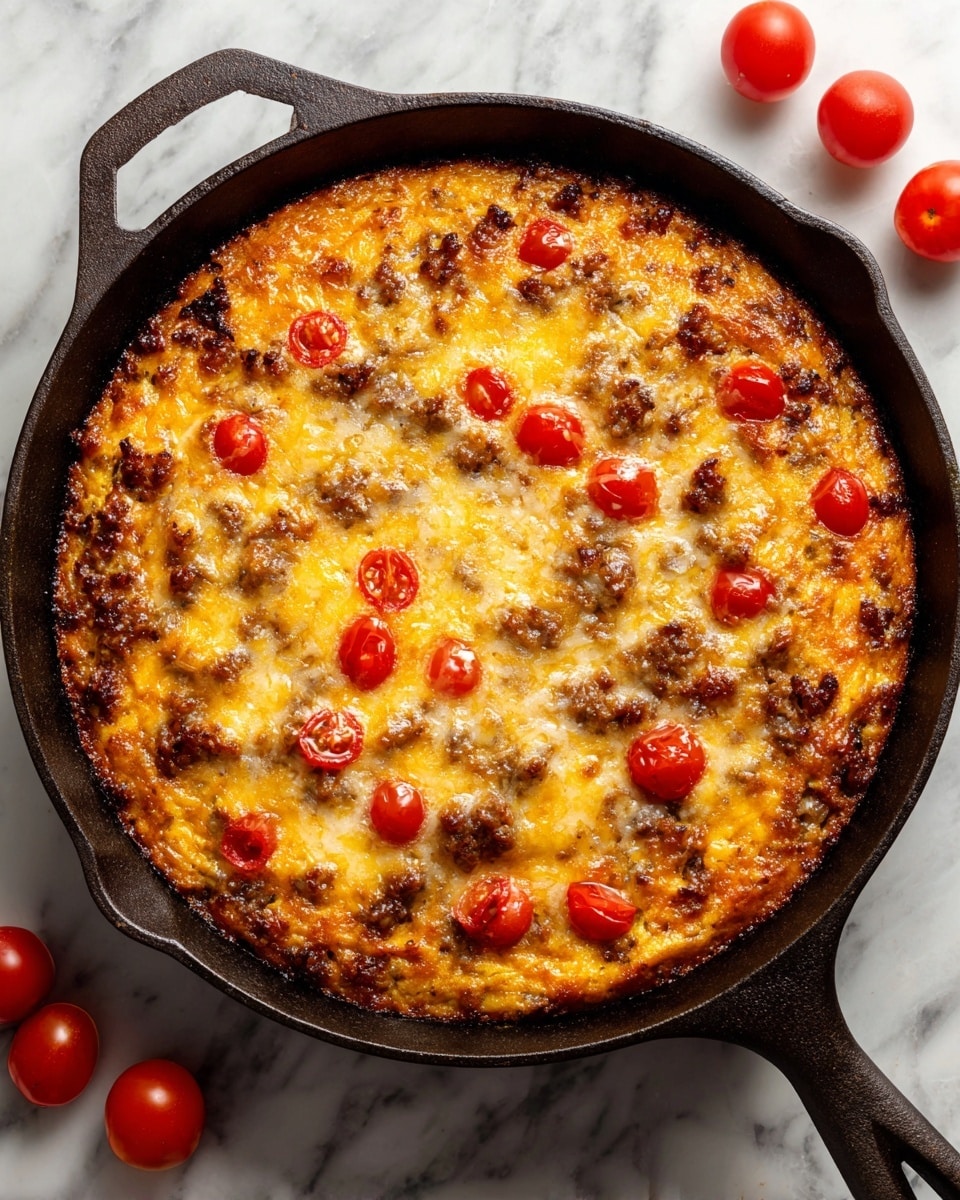 A round black cast iron skillet filled with a thick, golden-brown baked dish with melted cheese on top, showing a mix of red cherry tomato halves and small bits of browned meat scattered throughout. The cheese layer is bubbly and slightly crispy around the edges, covering a textured base that looks soft and creamy underneath. The skillet rests on a white marbled surface with a few cherry tomatoes placed nearby. Photo taken with an iphone --ar 4:5 --v 7