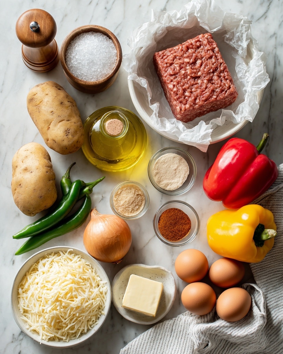 The image shows many ingredients laid out on a white marbled surface. Starting from the top, there is a small wooden bowl filled with coarse salt, a tall wooden pepper grinder, and a yellow bottle of oil. Next to them, a white bowl lined with crumpled parchment paper holds a square block of ground meat with a reddish texture. To the left, there are three whole potatoes, one larger and two smaller. Below, a red bell pepper, a yellow onion, and a green chili pepper are placed in a row. Moving right, there are two small clear bowls with beige powders and a small glass bowl with a reddish powder. A small white bowl contains a square piece of butter. On the far right, seven brown eggs rest on a white and gray striped cloth. At the bottom left, a white bowl is filled with shredded cheese in white and yellow colors. Partly visible at the bottom edge is a white flour tortilla. photo taken with an iphone --ar 4:5 --v 7