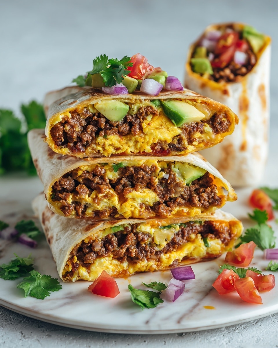 The image shows a stack of three cut burrito halves on a white plate with a white marbled texture underneath. Each burrito has four visible layers: a soft light brown tortilla on the outside, a layer of scrambled yellow eggs, a layer with cooked brown ground meat mixed with some light orange sauce or cheese, and a top layer of fresh green avocado chunks, red diced tomatoes, purple-red onion pieces, and green cilantro leaves. To the right, there is a whole burrito standing upright. Some cilantro and diced tomatoes are scattered on the plate near the stacked burritos. The photo taken with an iphone --ar 4:5 --v 7