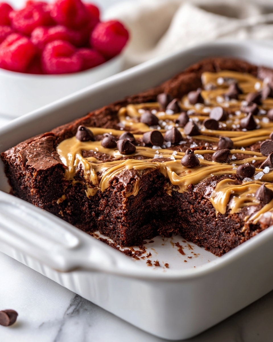 A white baking dish filled with a rich, dark brown chocolate dessert that has one piece removed showing a thick, soft, and dense inside texture with bits of chocolate spread throughout. The top layer is decorated with swirled light tan creamy peanut butter and scattered dark chocolate chips with a few small grains of salt on top. The dish sits on a white marbled surface with a bowl of bright red raspberries blurred in the background. Photo taken with an iphone --ar 4:5 --v 7