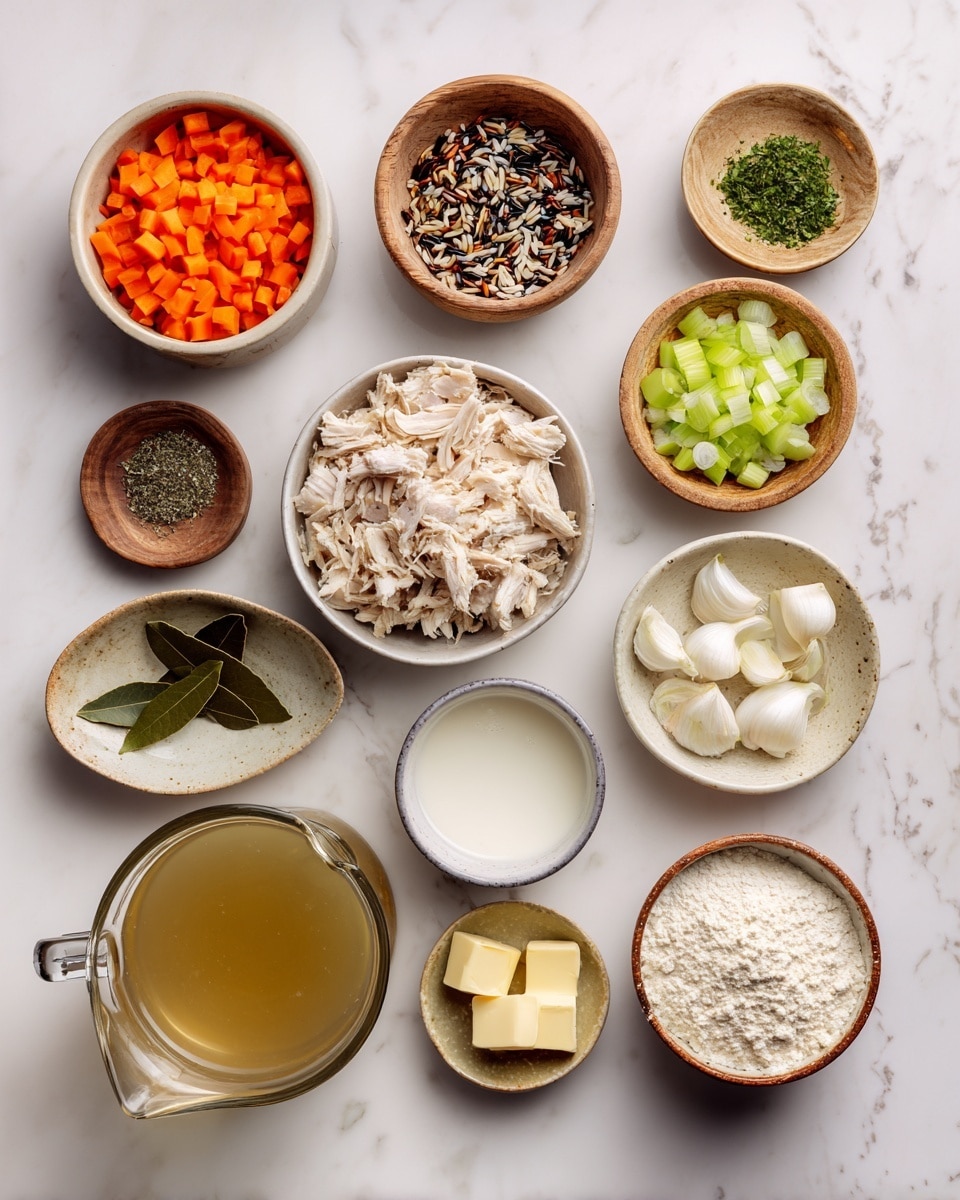 The image shows a top view of various cooking ingredients arranged neatly on a white marbled surface. There are 12 small bowls and a glass pitcher: one bowl with small orange carrot pieces, another with mixed wild rice blend, one with chopped white onions, one with chopped green celery, and a bowl filled with shredded light beige chicken. Two small wooden bowls contain finely chopped green herbs and another small wooden bowl has salt and pepper mix. In a small white bowl rest two dark green bay leaves, and next to it is a white bowl with peeled garlic cloves. A transparent bowl holds a white liquid cream, and beside it is a bowl of white flour. Another small bowl has yellow butter slices neatly stacked. The clear glass pitcher contains light golden chicken broth. All items are cleanly placed and well spaced, giving a clear and organized view of the ingredients. Photo taken with an iphone --ar 4:5 --v 7
