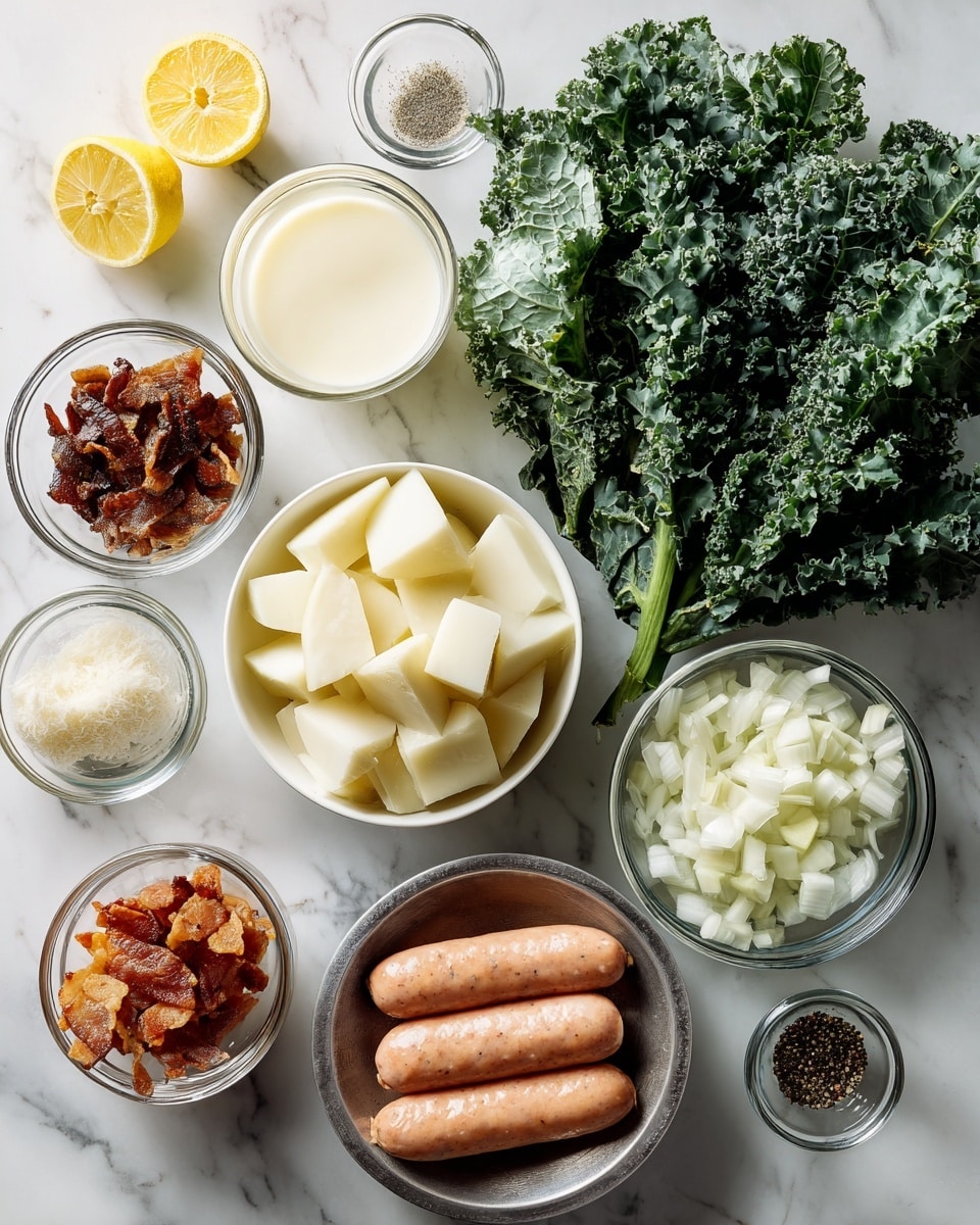 The image shows a top view of ingredients neatly arranged on a white marbled surface. There are nine containers and two lemon wedges placed around. In the middle left, a white bowl is filled with fresh curly kale leaves, rich green in color and textured. Below it, a silver bowl holds peeled potato cubes, creamy white and square. To the right of the kale, a glass bowl with finely chopped white onions sits next to a pack of raw hot Italian sausages with orange-red and pink hues inside clear plastic packaging. Above these, two glass bowls contain a thick white liquid and a pale yellow liquid. At the top left, a small glass bowl is filled with dark crisp cooked bacon bits. Two lemon wedges with bright yellow skin and pale flesh lie to the left side. Near the bottom left, minced garlic in a small glass bowl is off-white. Small glass bowls with black pepper and coarse salt add finishing touches to the top right corner. Photo taken with an iphone --ar 4:5 --v 7