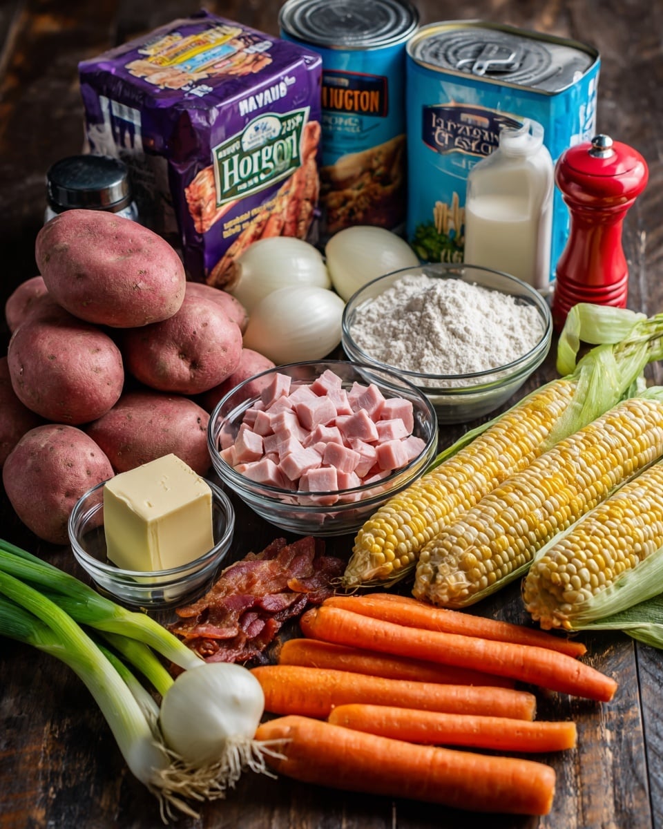 The image shows a group of fresh ingredients arranged on a dark wooden surface with a white marbled texture. There are six red potatoes stacked together on the left side, two green onions leaning beside them. Nearby, a white onion sits behind a small mound of white flour in a glass bowl and a stick of unsalted butter lying flat in front. In the center, there are two clear glass bowls, one filled with small pink cubes of ham and the other with curled strips of raw bacon. On the right side, two bright orange carrots and two ears of yellow and white corn with their husks removed are placed next to some green celery stalks. Behind this, there are two cans of chicken broth stacked on top of each other, a carton of purple heavy whipping cream, a large carton of Horizon organic reduced fat milk, a red container of thyme leaves, a grinder of black pepper, a grinder of salt, and one bay leaf lying flat on the surface. The photo was taken with an iphone --ar 4:5 --v 7