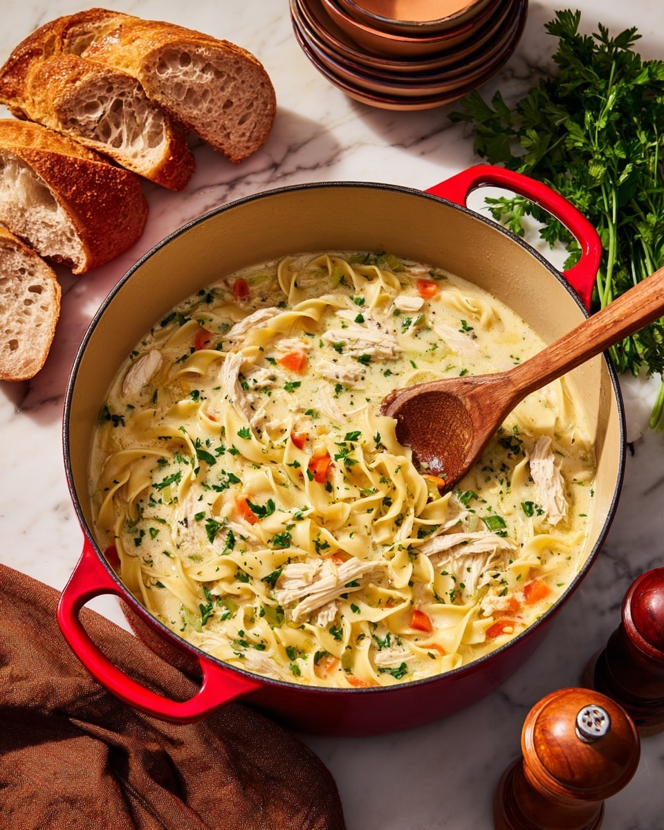 A red pot with two handles holds creamy chicken noodle soup with three layers visible: a creamy, light beige broth base mixed with orange carrot pieces and green celery slices as the first layer, tender white chicken strips scattered evenly as the second layer, and soft yellow egg noodles floating on top as the third layer, all garnished with fresh green parsley chopped finely. A wooden spoon stirs the soup inside the pot, resting against the left inner edge. In the background on a white marbled surface, there are pieces of crusty bread stacked loosely on the left side, a brown dish with two stacked bowls and a pepper grinder on the right side, and green parsley bunches lying nearby. A brown cloth lays underneath the pot on the left side. Photo taken with an iphone --ar 4:5 --v 7