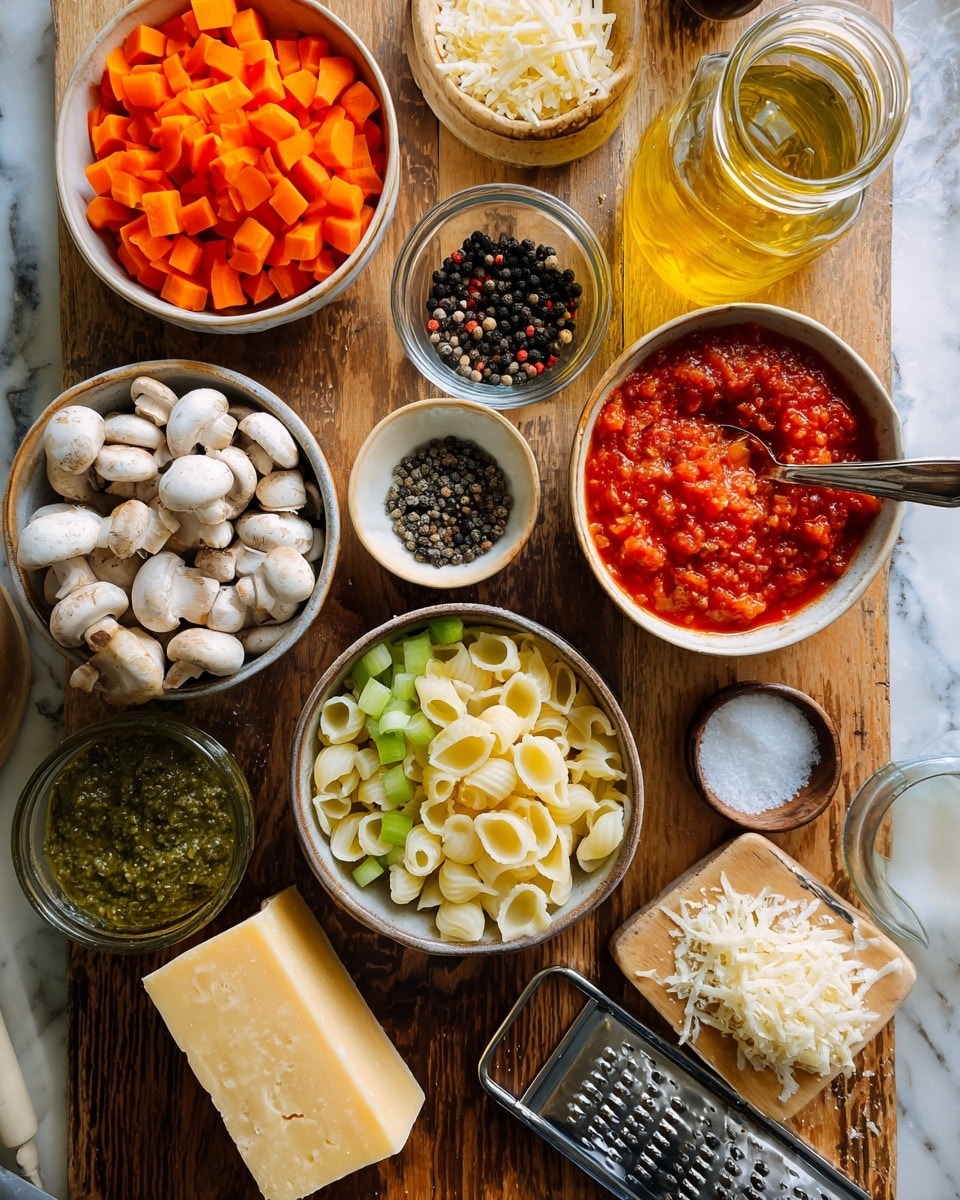 The image shows a wooden table topped with several small bowls and jars containing cooking ingredients for a pasta dish. At the top left, a bowl of small orange carrot cubes sits next to a bowl of chunky red tomato sauce with a spoon inside. To the right, a glass jar filled with light yellow olive oil sits beside a small bowl with whole black peppercorns, next to a pile of shredded white cheese. Below these are bowls filled with creamy shell pasta, chopped white onions, chopped green celery, and white button mushrooms. At the bottom left, there is a small bowl of green pesto sauce. A block of hard yellow cheese rests on a wooden board with a metal grater and a small bowl of coarse salt beside it. The surface under the bowls is a white marbled texture. photo taken with an iphone --ar 4:5 --v 7